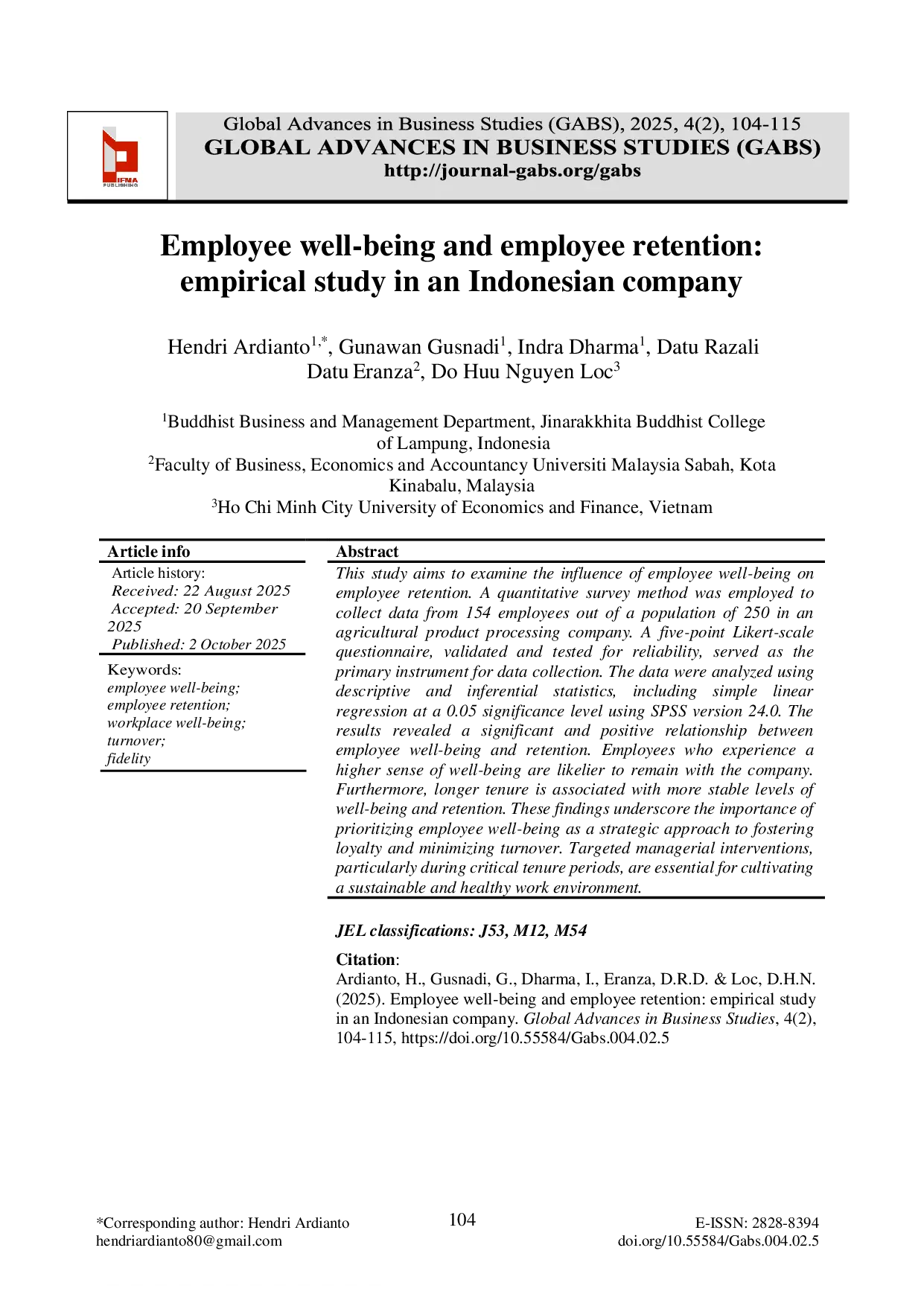 JURIS Employee well being and employee retention empirical study in an Indonesian company