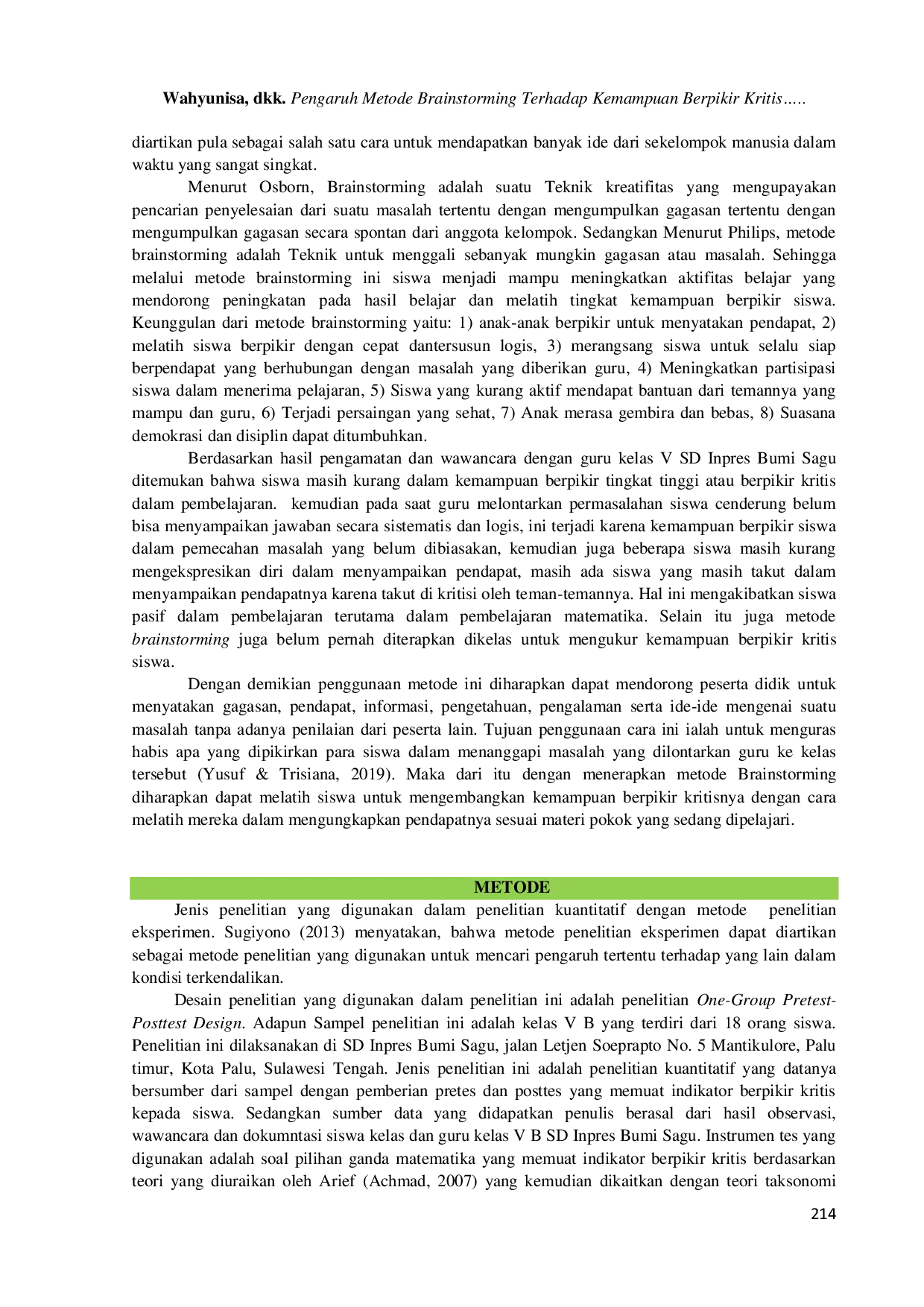 JURIS Pengaruh Metode Brainstorming terhadap Kemampuan Berpikir Kritis Siswa Kelas V di SD Inpres Bumi Sagu