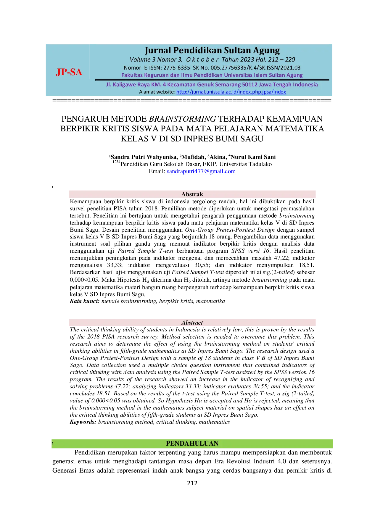 JURIS Pengaruh Metode Brainstorming terhadap Kemampuan Berpikir Kritis Siswa Kelas V di SD Inpres Bumi Sagu