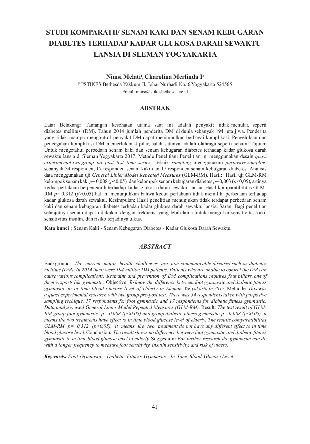 JURIS Studi Komparatif Senam Kaki Dan Senam Kebugaran Diabetes Terhadap Kadar Glukosa Darah Sewaktu Lansia Di Sleman Yogyakarta