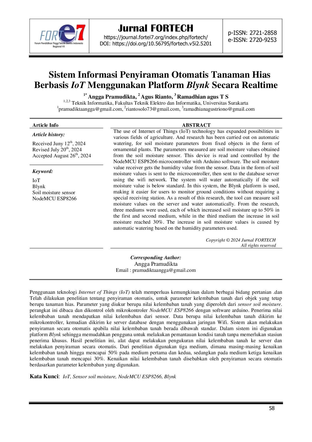 JURIS Sistem Informasi Penyiraman Otomatis Tanaman Hias Berbasis IoT Menggunakan Platform Blynk Secara Realtime