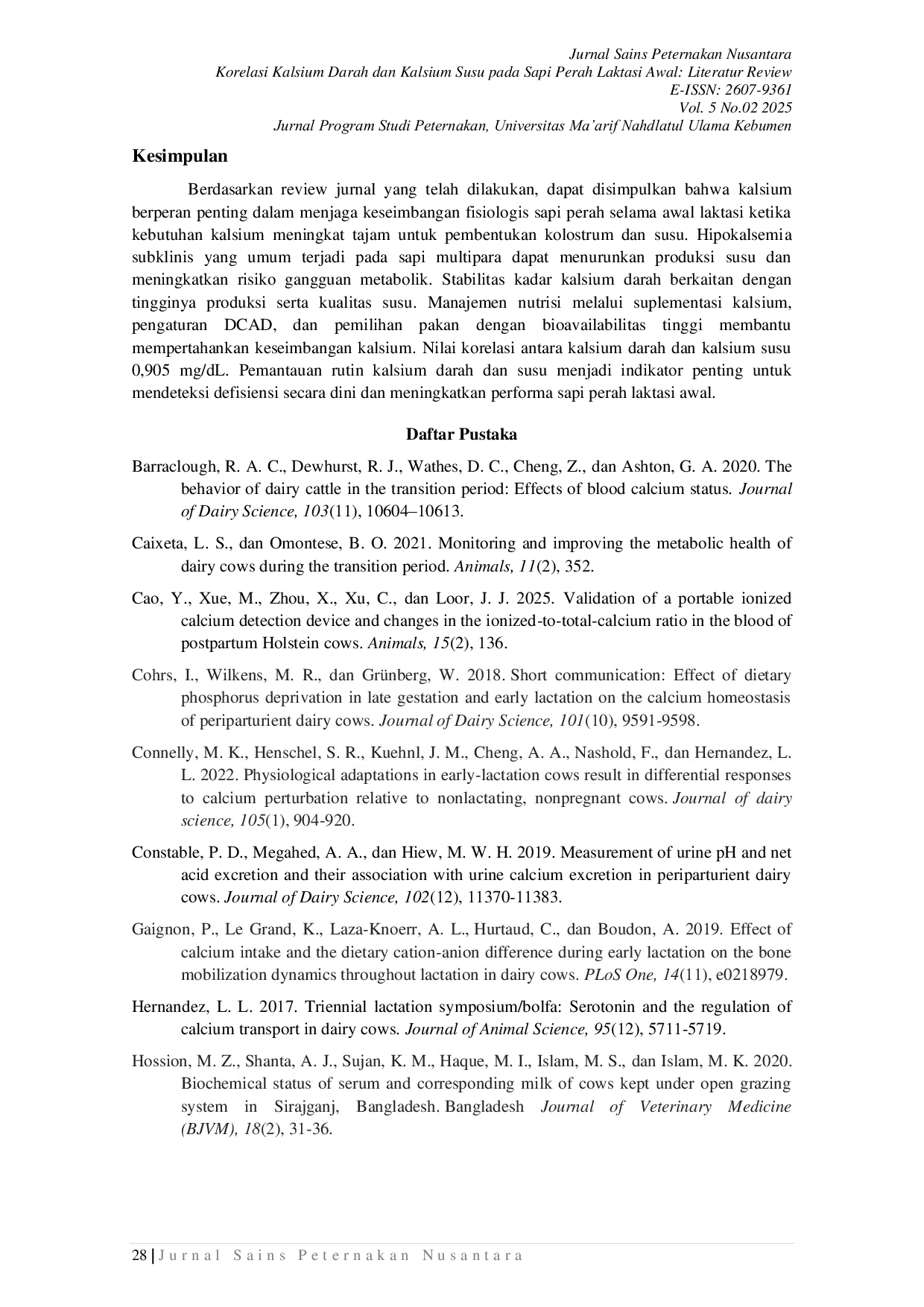 JURIS Korelasi Kalsium Darah dan Kalsium Susu pada Sapi Perah Laktasi Awal Literatur Review