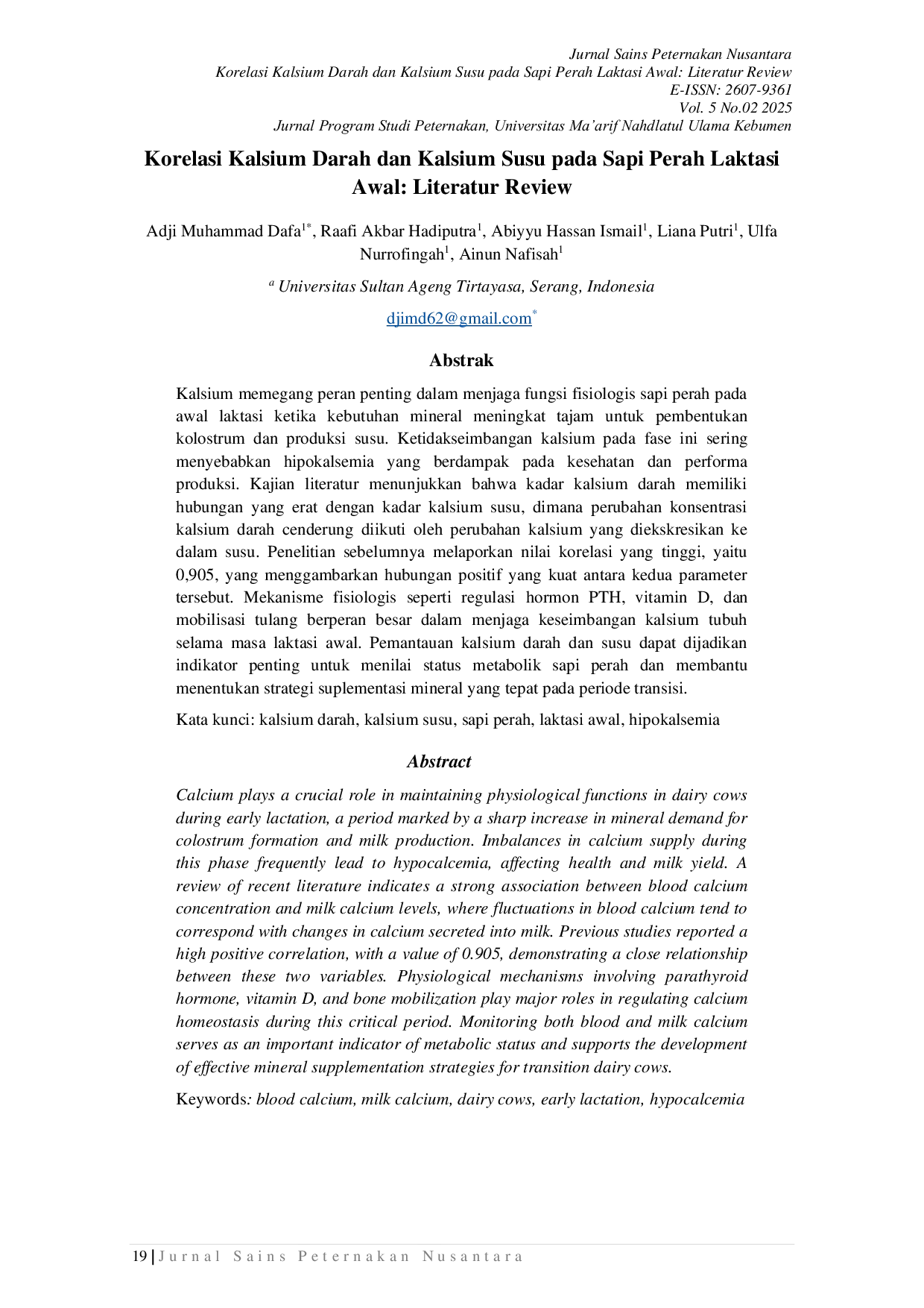 JURIS Korelasi Kalsium Darah dan Kalsium Susu pada Sapi Perah Laktasi Awal Literatur Review