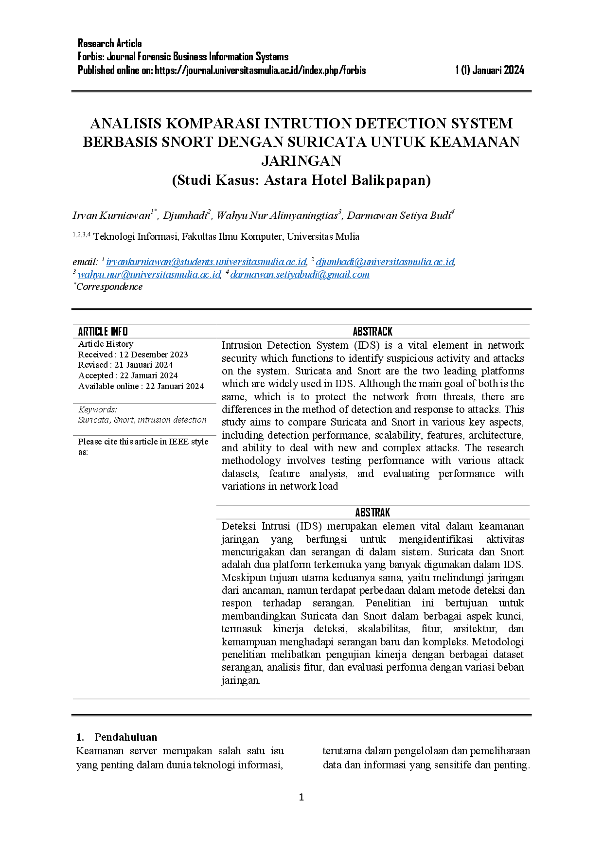 juris Analisis Komparasi Intrution Detection System Berbasis Snort Dengan Suricata Untuk Keamanan Jaringan Studi Kasus Astara Hotel Balikpapan