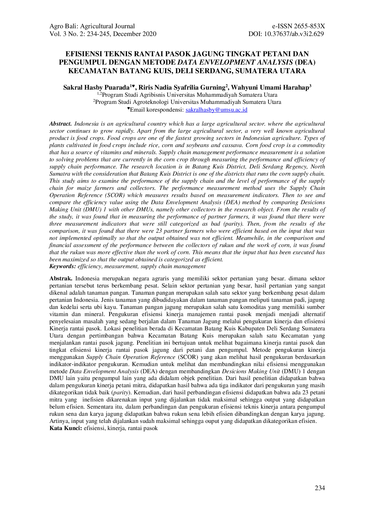 JURIS Efisiensi Teknis Rantai Pasok Jagung Tingkat Petani Dan Pengumpul Dengan Metode Data Envelopment Analysis Dea Kecamatan Batang Kuis Deli Serdang Sumatera Utara