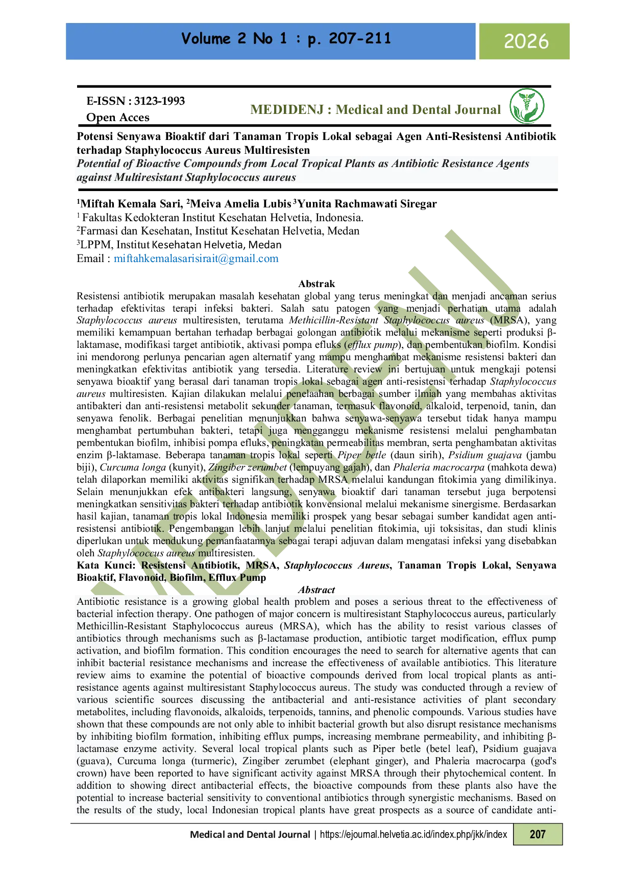 JURIS Potensi Senyawa Bioaktif dari Tanaman Tropis Lokal sebagai Agen Anti Resistensi Antibiotik terhadap Staphylococcus Aureus Multiresisten