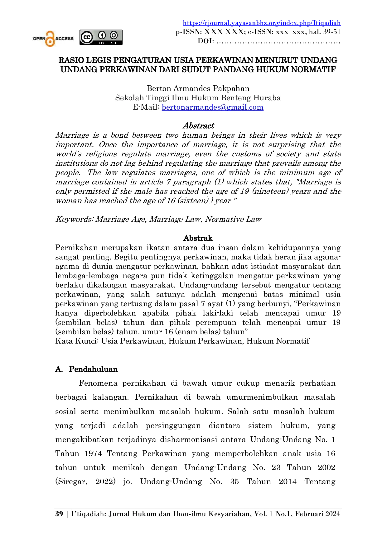 JURIS Rasio Legis Pengaturan Usia Perkawinan Menurut Undang Undang Perkawinan dari Sudut Pandang Hukum Normatif