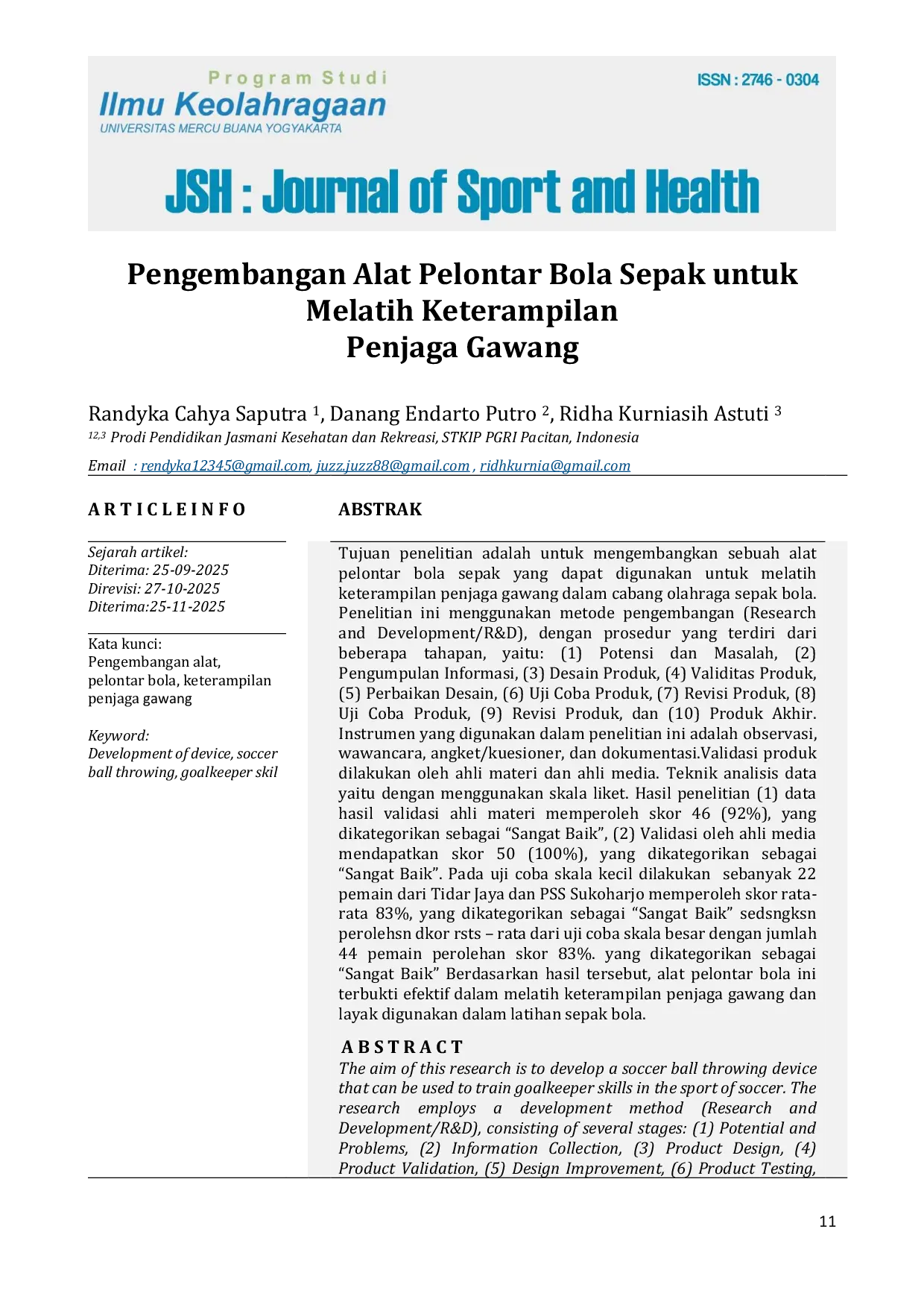 JURIS Pengembangan Alat Pelontar Bola Sepak Untuk Melatih Keterampilan Penjaga Gawang