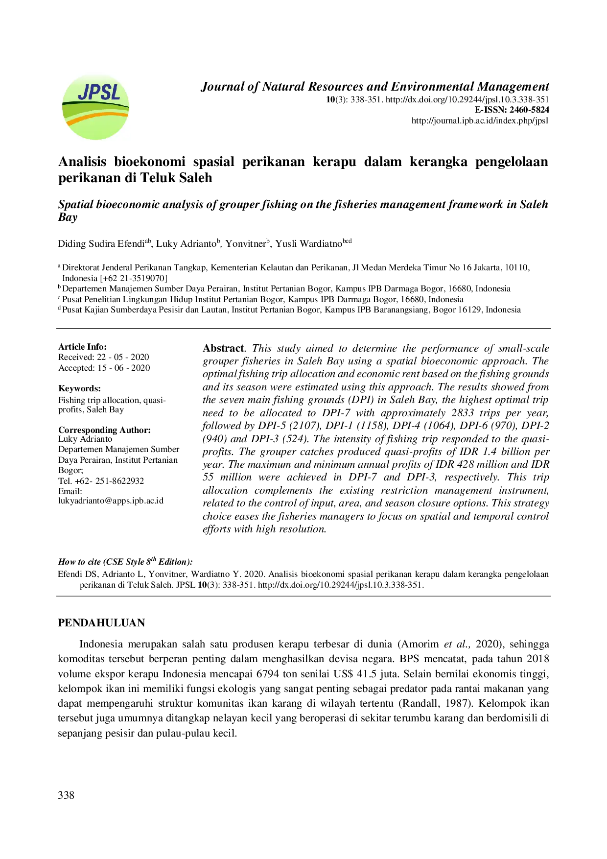juris Analisis Bioekonomi Spasial Perikanan Kerapu Dalam Kerangka Pengelolaan Perikanan Di Teluk Saleh