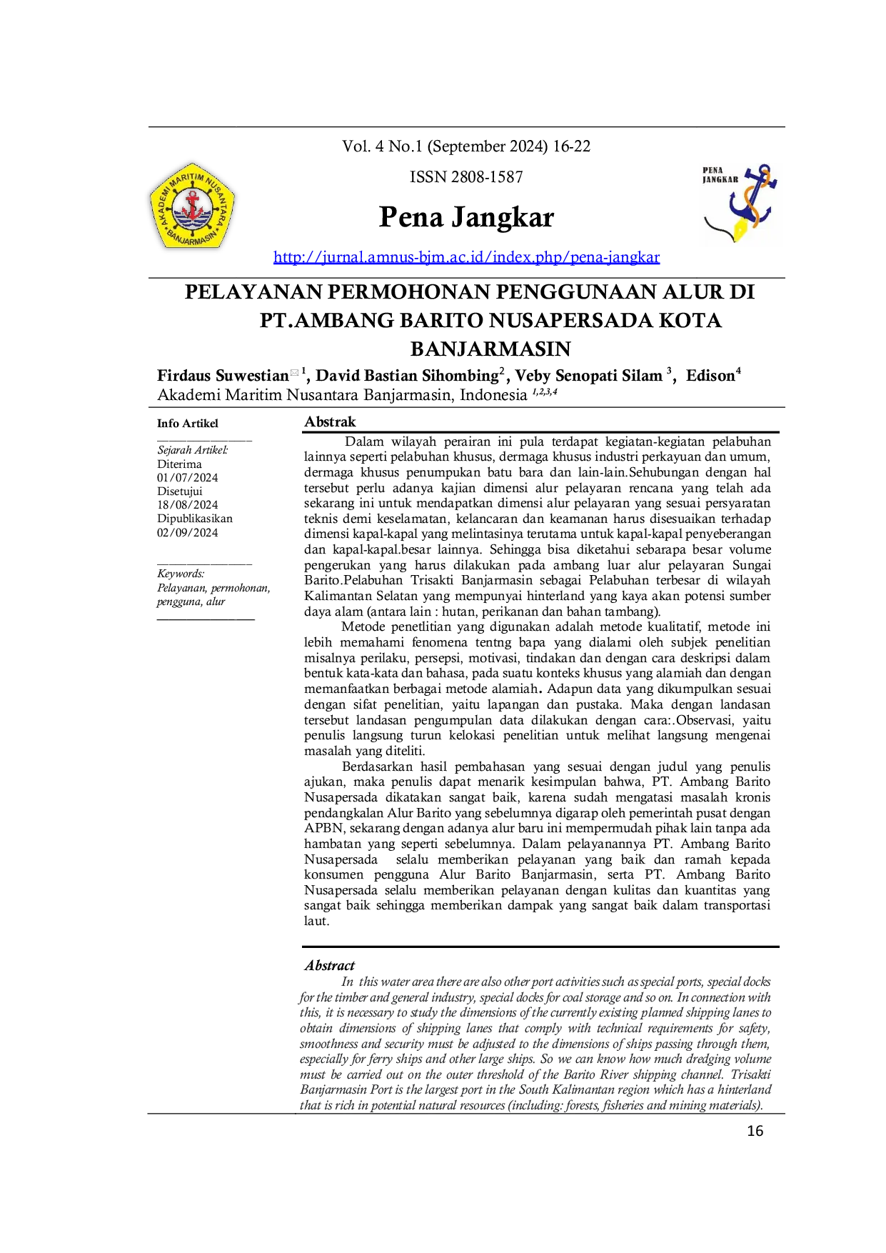 JURIS Pelayanan Permohonan Penggunaan Alur Di PT Ambang Barito Nusapersada Kota Banjarmasin