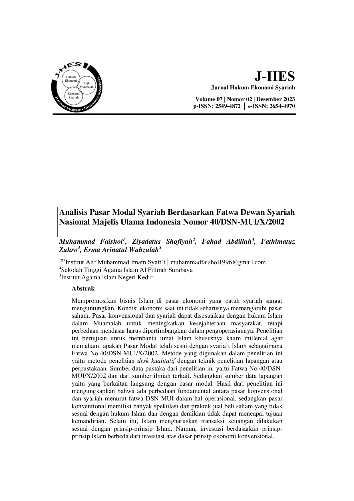 JURIS Analisis Pasar Modal Syariah Berdasarkan Fatwa Dewan Syariah Nasional Majelis Ulama Indonesia Nomor 40 DSN MUI X 2002
