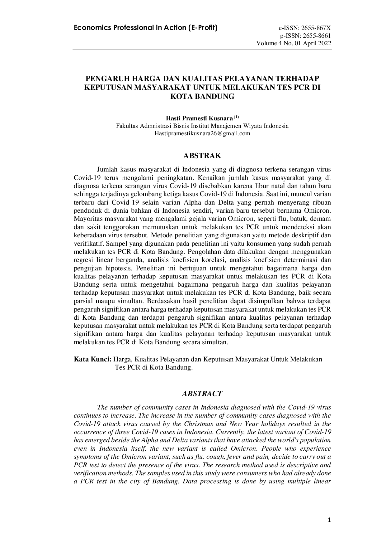 JURIS Pengaruh Harga Dan Kualitas Pelayanan Terhadap Keputusan Masyarakat Untuk Melakukan Tes PCR Di Kota Bandung