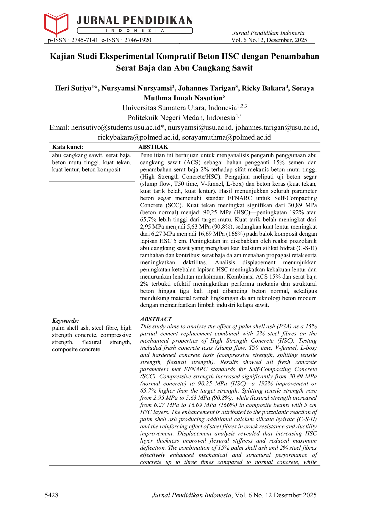 JURIS Kajian Studi Eksperimental Kompratif Beton HSC High Strengt Concrate Dengan Penambahan Serat Baja dan Abu Cangkang Sawit ACS dan Beton Normal