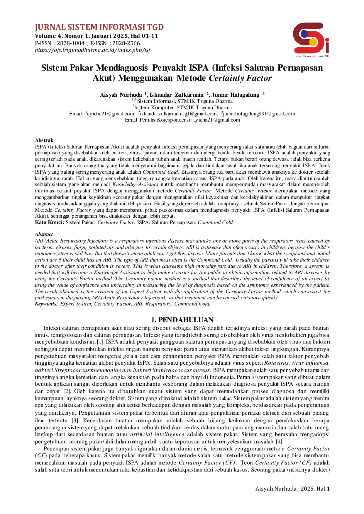 JURIS Sistem Pakar Mendiagnosis Penyakit ISPA Infeksi Saluran Pernapasan Akut Menggunakan Metode Certainty Factor