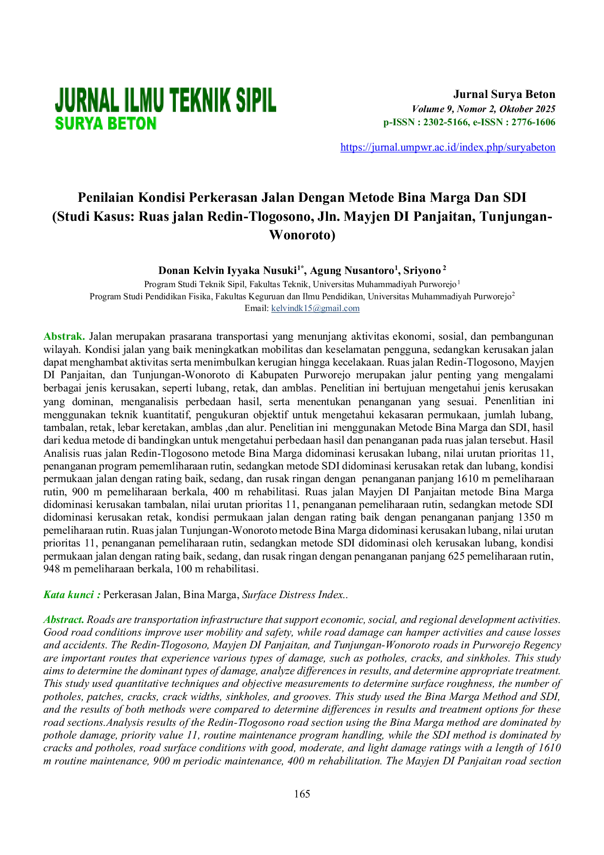 JURIS Penilaian Kondisi Perkerasan Jalan dengan Metode Bina Marga dan SDI
