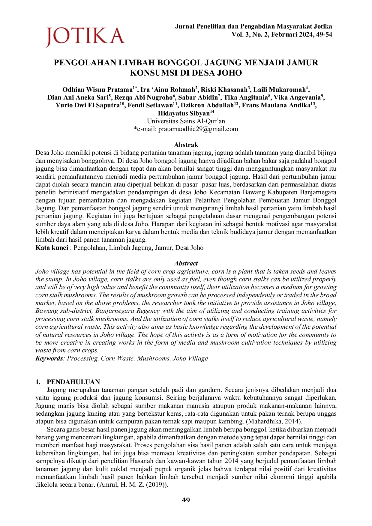 JURIS Pengolahan Limbah Bonggol Jagung Menjadi Jamur Konsumsi di Desa Joho