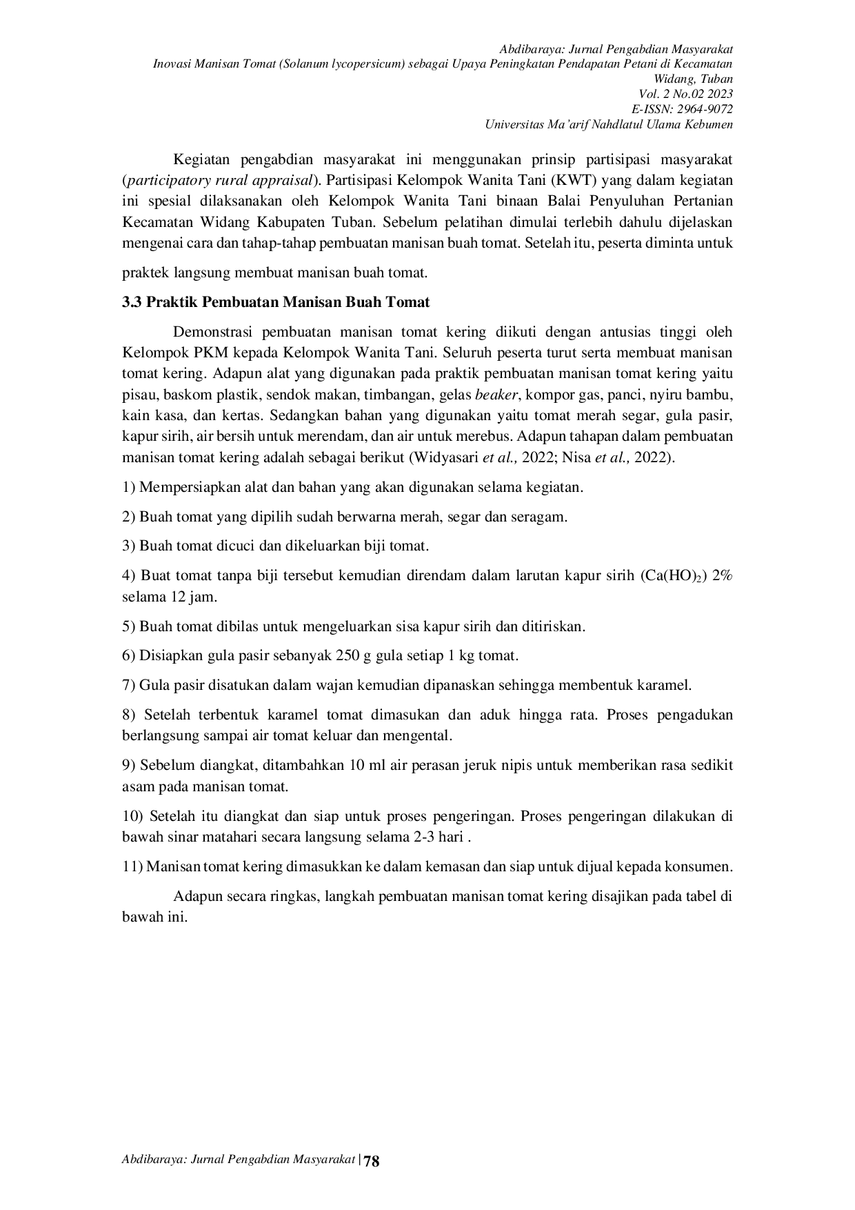 JURIS Inovasi Manisan Tomat Solanum lycopersicum sebagai Upaya Peningkatan Pendapatan Petani di Kecamatan Widang Tuban