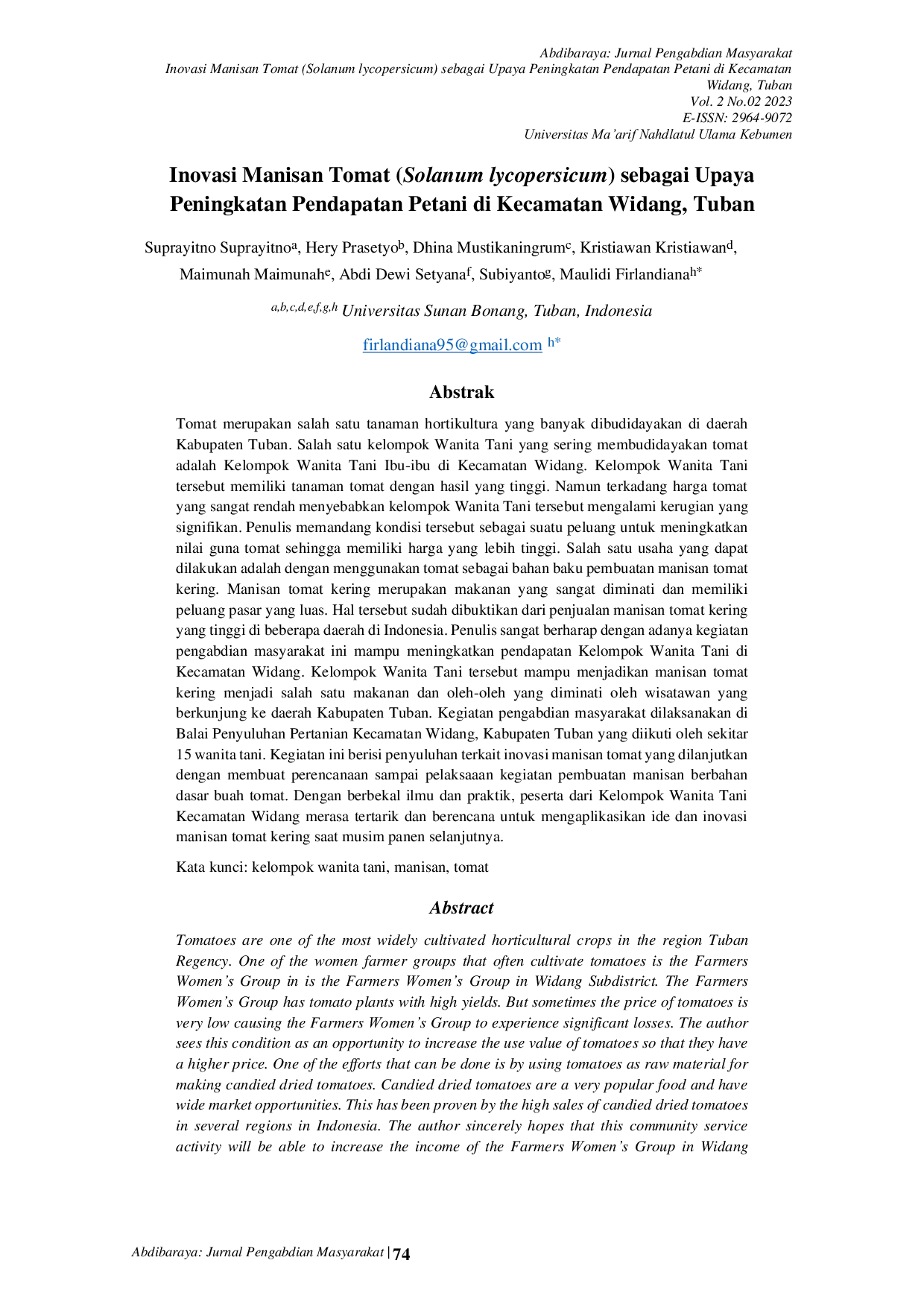 JURIS Inovasi Manisan Tomat Solanum lycopersicum sebagai Upaya Peningkatan Pendapatan Petani di Kecamatan Widang Tuban