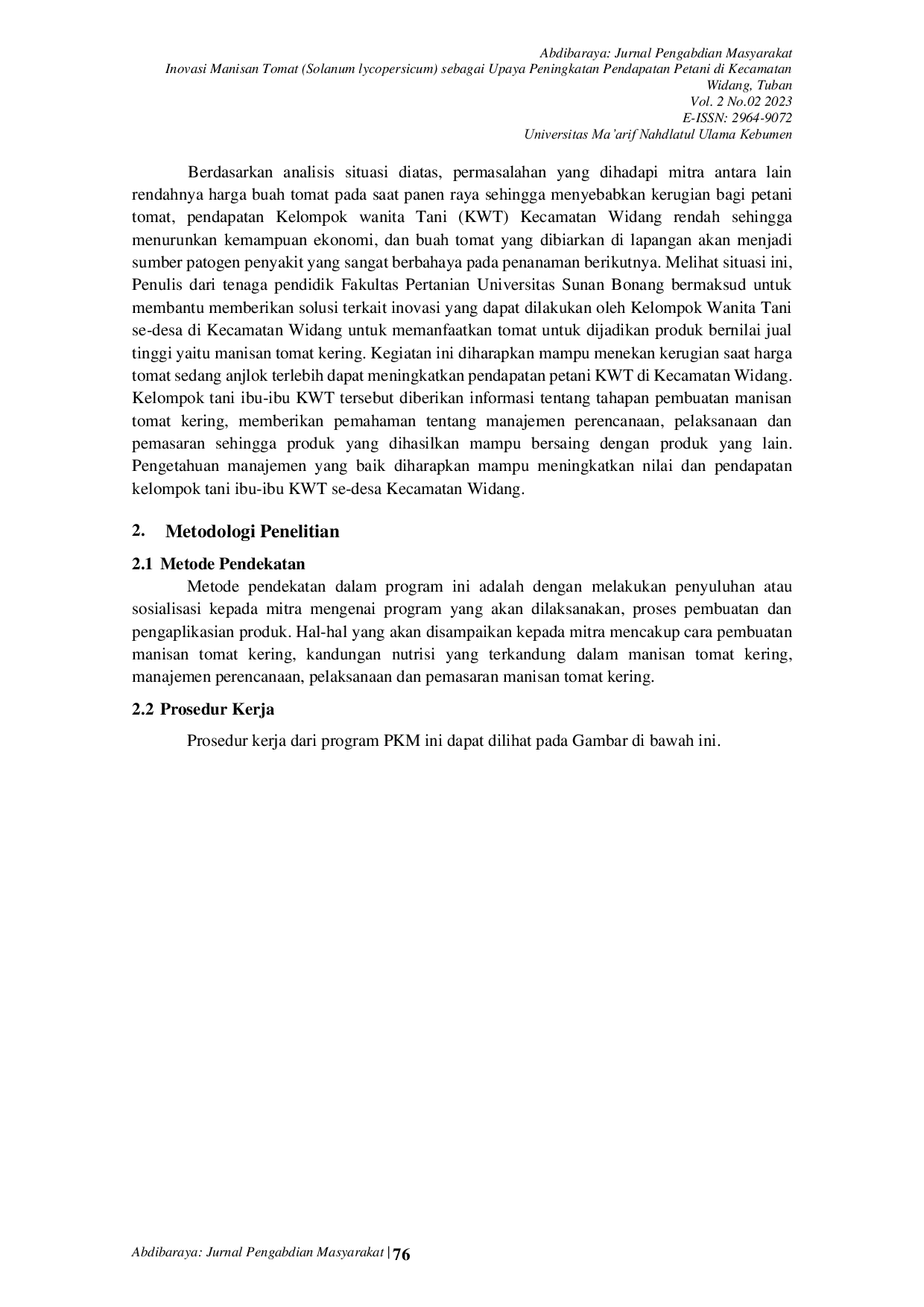 JURIS Inovasi Manisan Tomat Solanum lycopersicum sebagai Upaya Peningkatan Pendapatan Petani di Kecamatan Widang Tuban