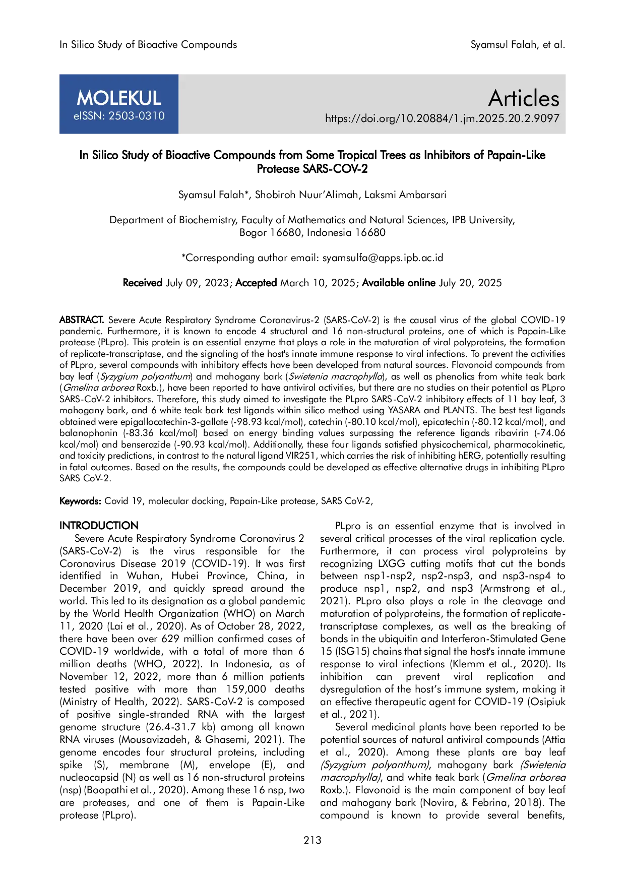 JURIS In Silico Study of Bioactive Compounds from Some Tropical Trees as Inhibitors of Papain Like Protease SARS CoV 2