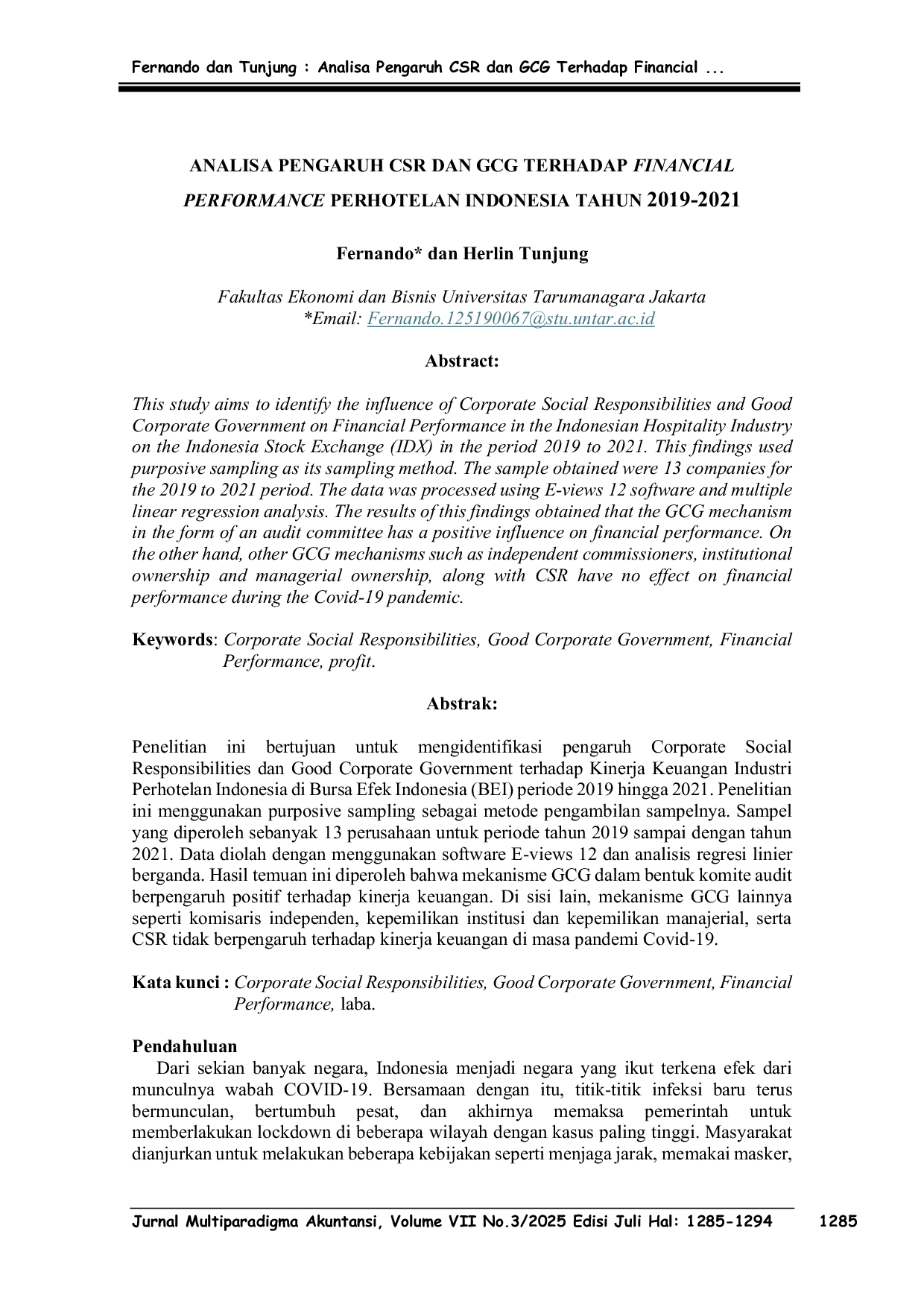 JURIS Analisa Pengaruh CSR dan GCG Terhadap Financial Performance Perhotelan Indonesia Tahun 2019 2021