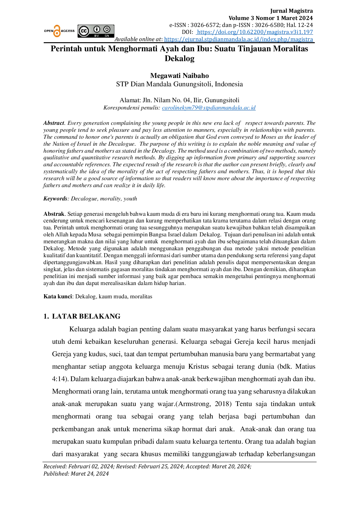 JURIS Perintah Untuk Menghormati Ayah Dan Ibu Suatu Tinjauan Moralitas Dekalog