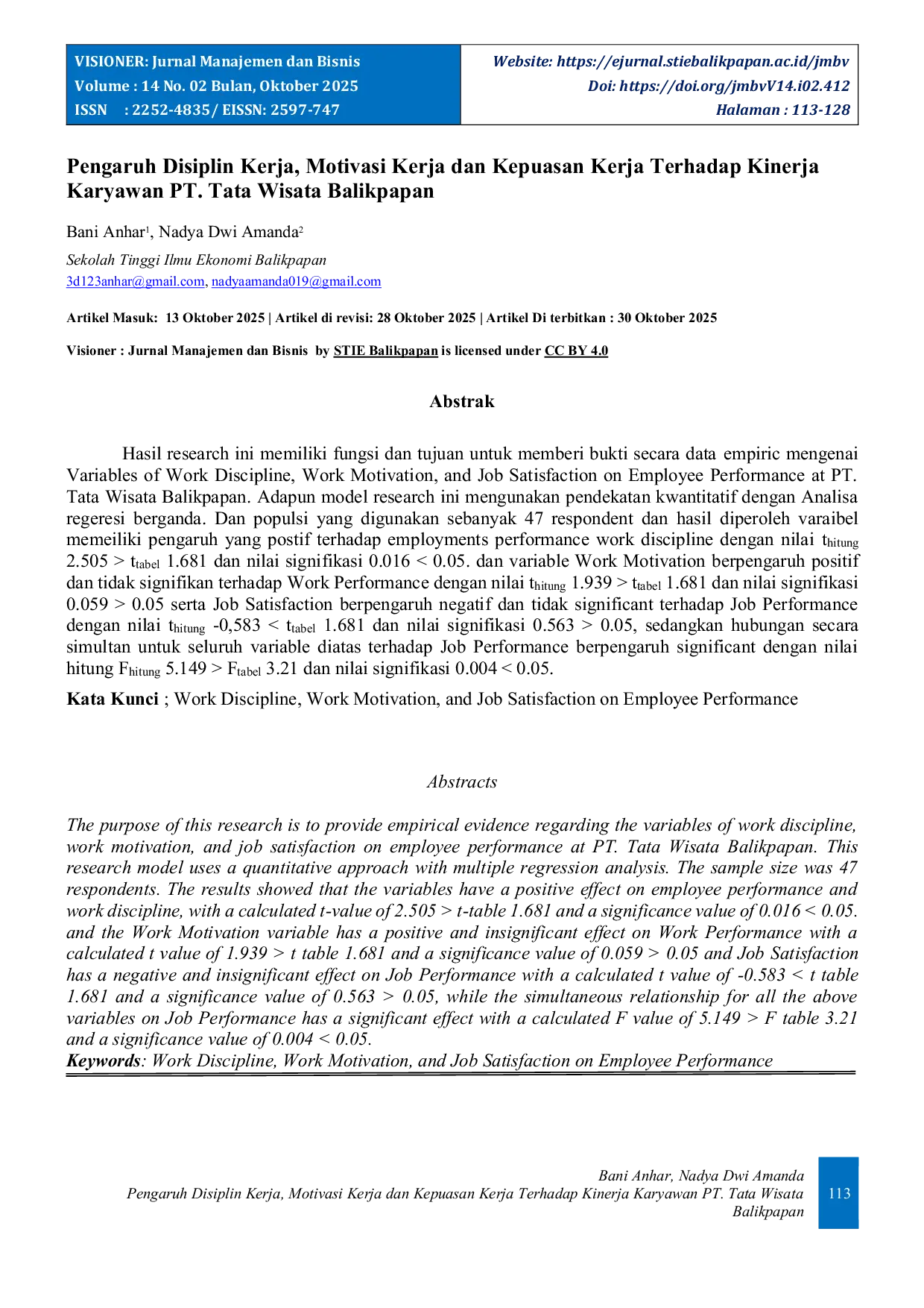 JURIS Pengaruh Disiplin Kerja Motivasi Kerja dan Kepuasan Kerja Terhadap Kinerja Karyawan PT Tata Wisata Balikpapan
