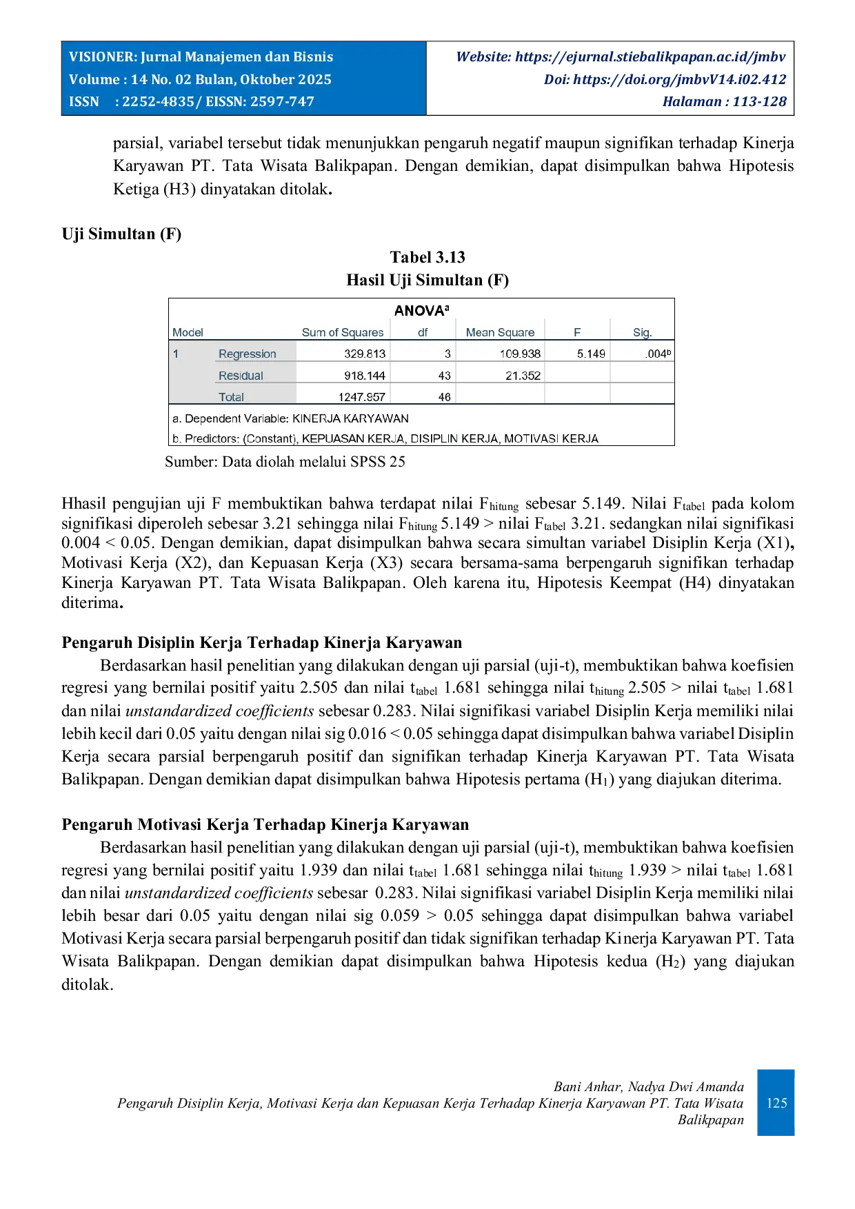 JURIS Pengaruh Disiplin Kerja Motivasi Kerja dan Kepuasan Kerja Terhadap Kinerja Karyawan PT Tata Wisata Balikpapan