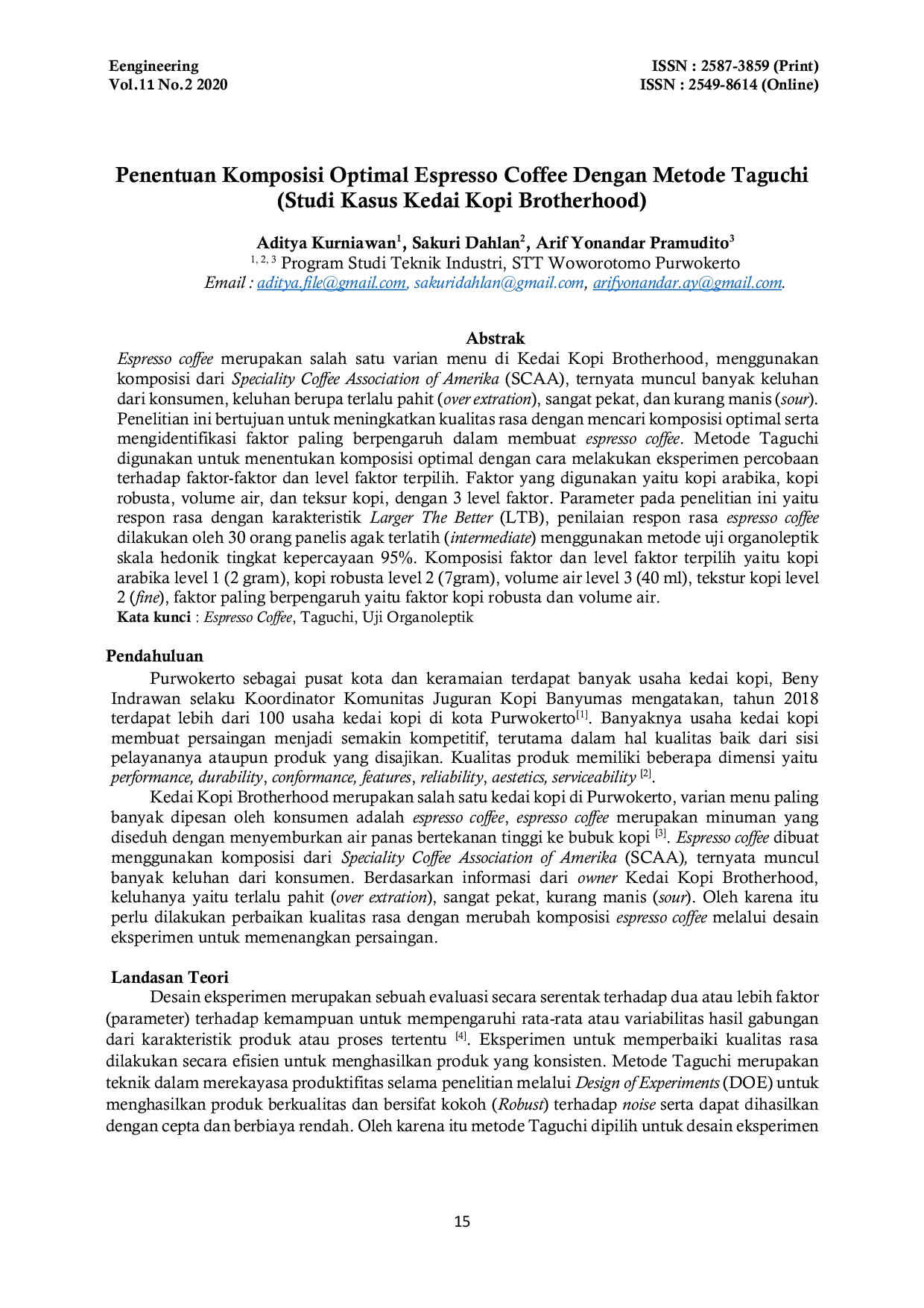 JURIS Penentuan Komposisi Optimal Espresso Coffee Dengan Metode Taguchi Studi Kasus Kedai Kopi Brotherhood
