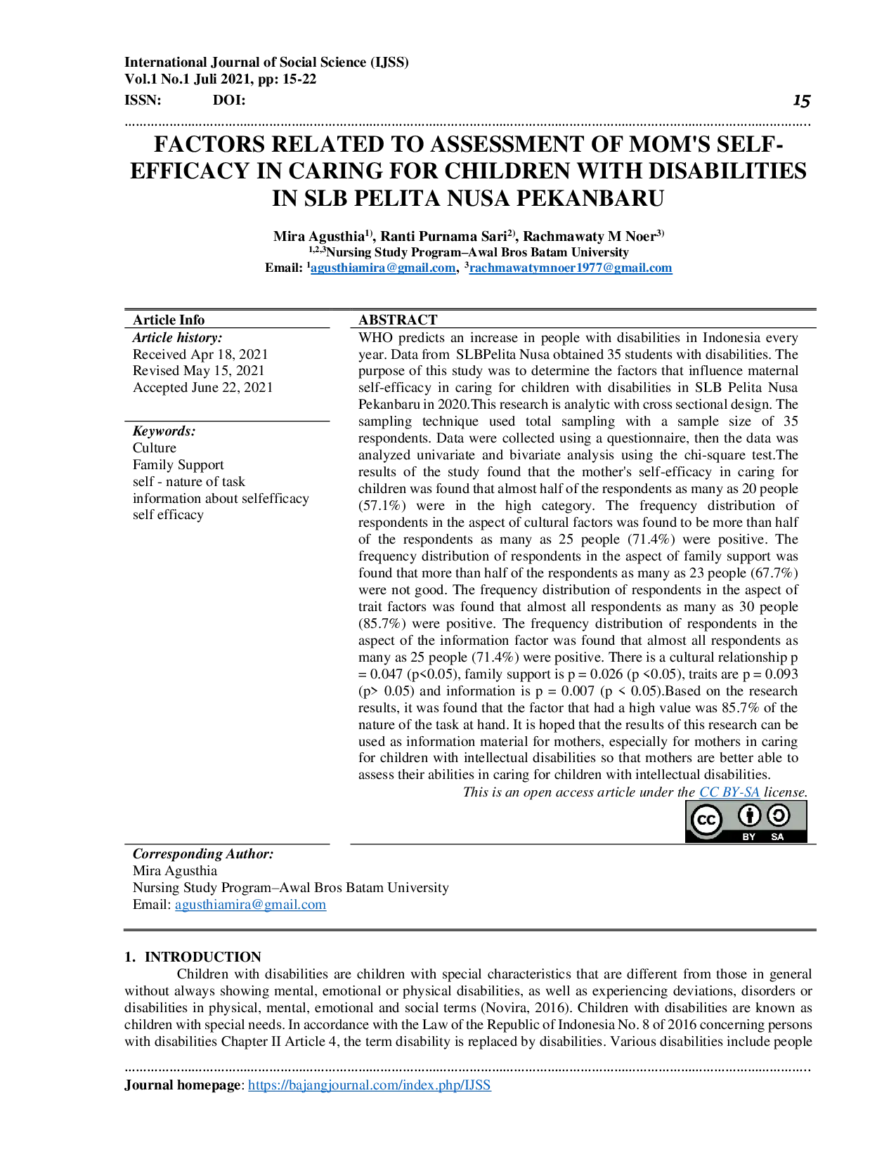 JURIS Faktor Yang Berkaitan Dengan Penilaian Efikasi Diri Ibu Dalam Merawat Anak Dengan Disabilitas Di Slb Pelita Nusa Pekanbaru