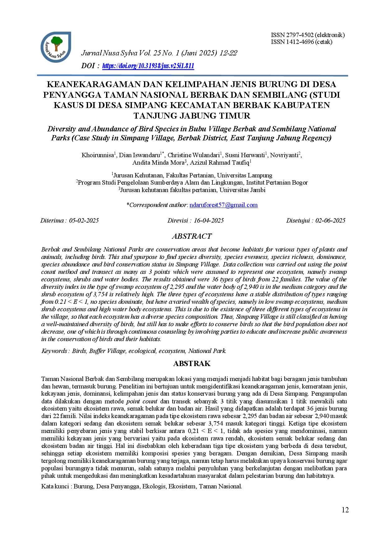 juris Keanekaragaman Dan Kelimpahan Jenis Burung Di Desa Penyangga Taman Nasional Berbak Dan Sembilang Studi Kasus Di Desa Simpang Kecamatan Berbak Kabupaten Tanjung Jabung Timur