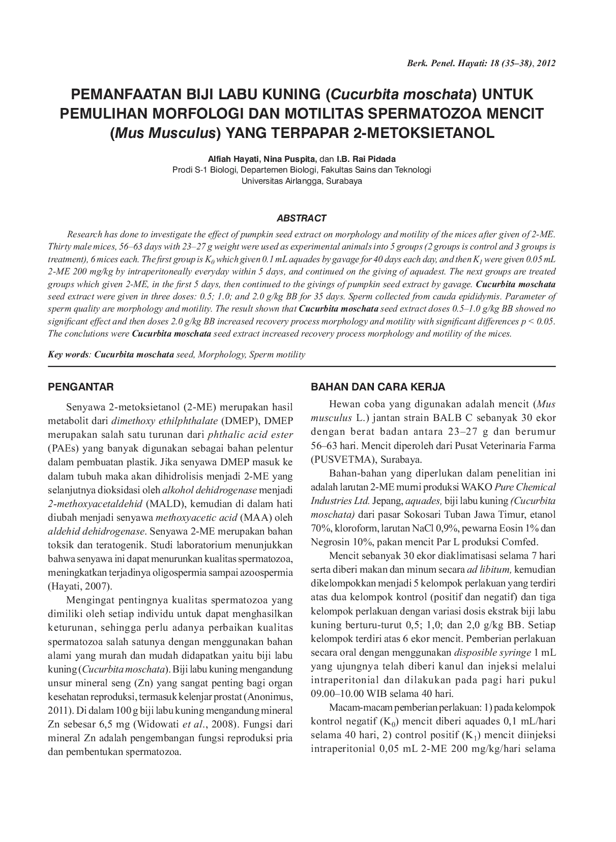 JURIS PEMANFAATAN BIJI LABU KUNING Cucurbita moschata UNTUK PEMULIHAN MORFOLOGI DAN MOTILITAS SPERMATOZOA MENCIT Mus Musculus YANG TERPAPAR 2 METOKSIETANOL