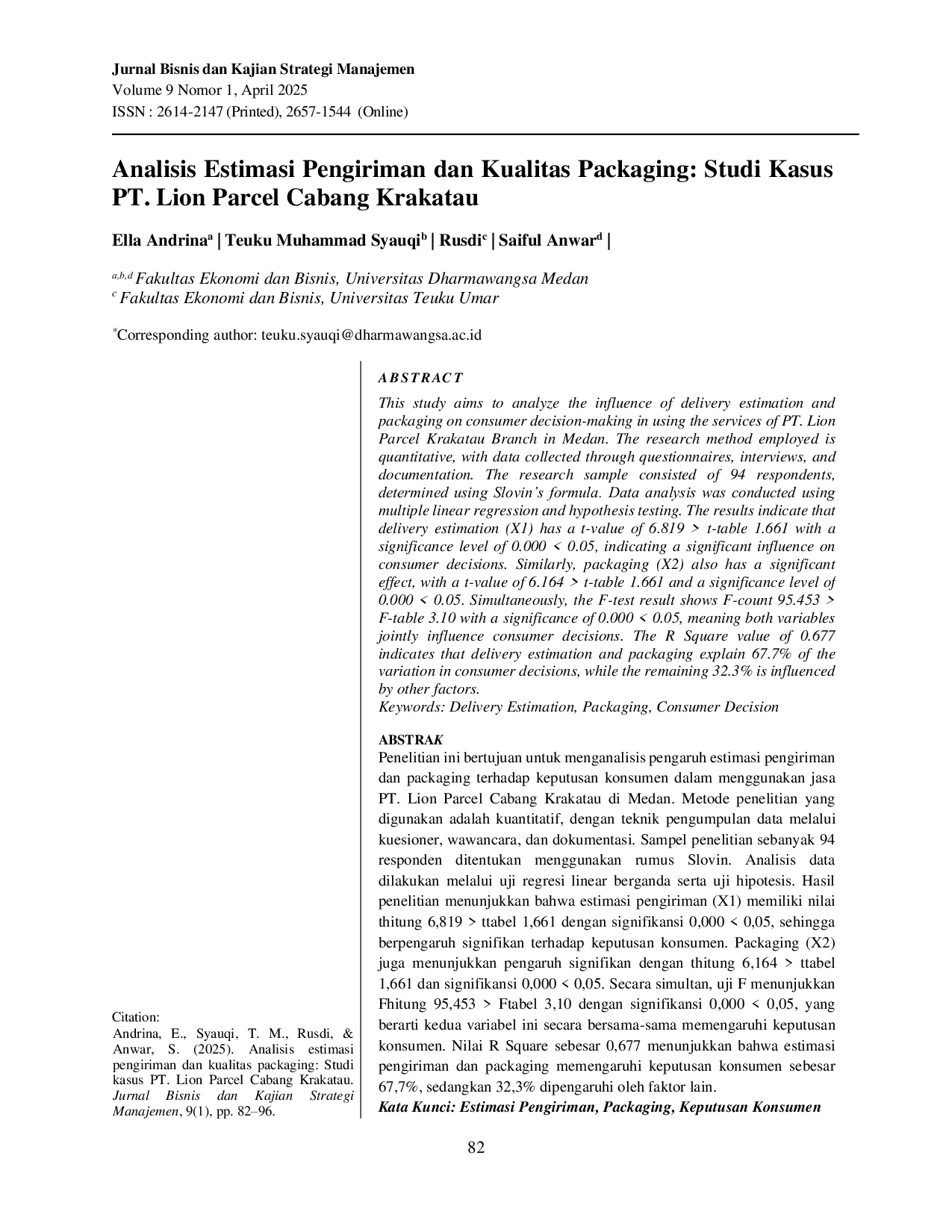 JURIS Analisis Estimasi Pengiriman dan Kualitas Packaging Studi Kasus PT Lion Parcel Cabang Krakatau