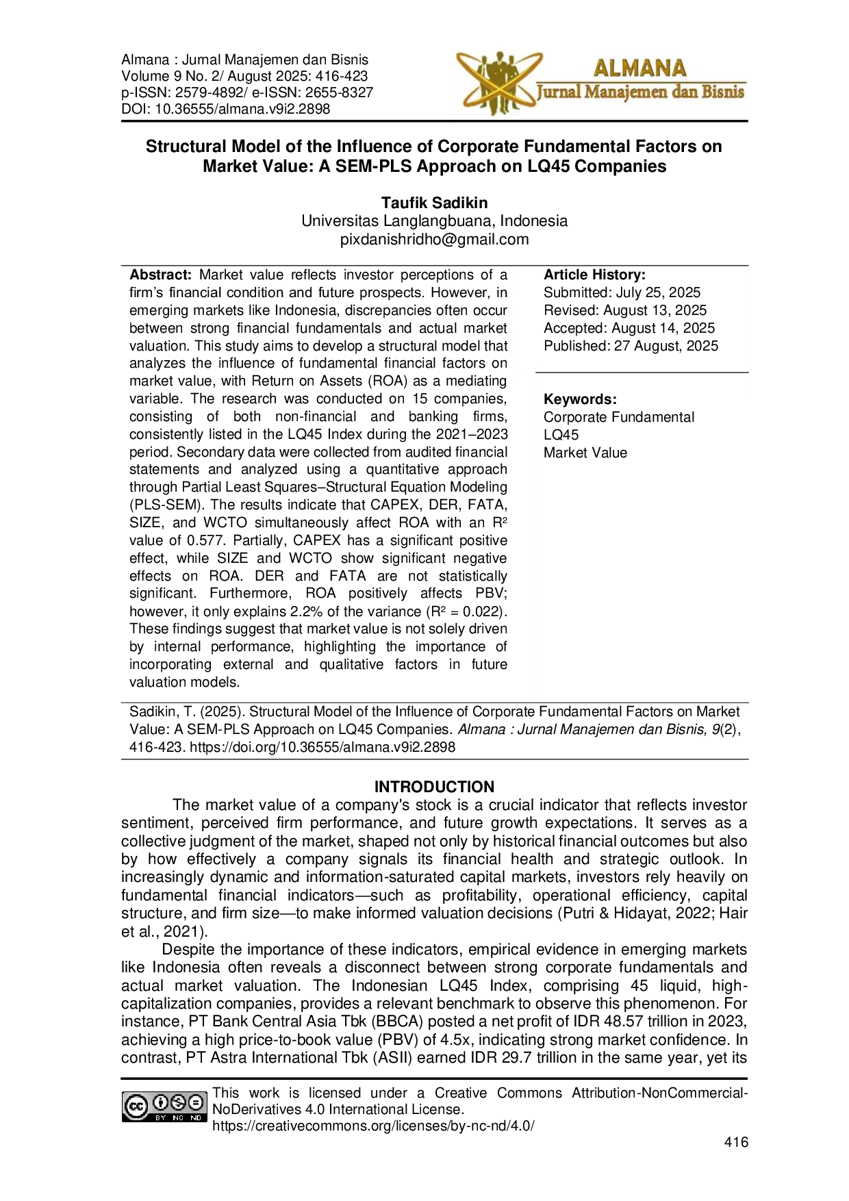 JURIS Structural Model of the Influence of Corporate Fundamental Factors on Market Value A SEM PLS Approach on LQ45 Companies