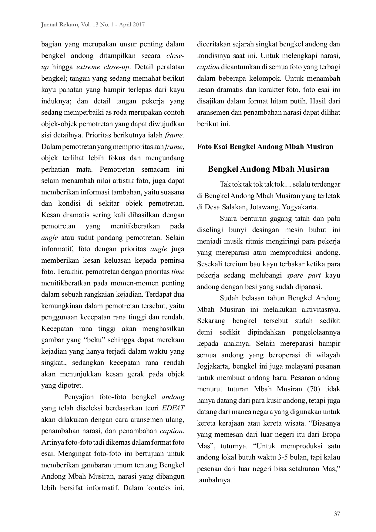 JURIS Foto Dokumenter Bengkel Andong Mbah Musiran Penerapan Dan Tinjauan Metode Edfat dalam Penciptaan Karya Fotografi