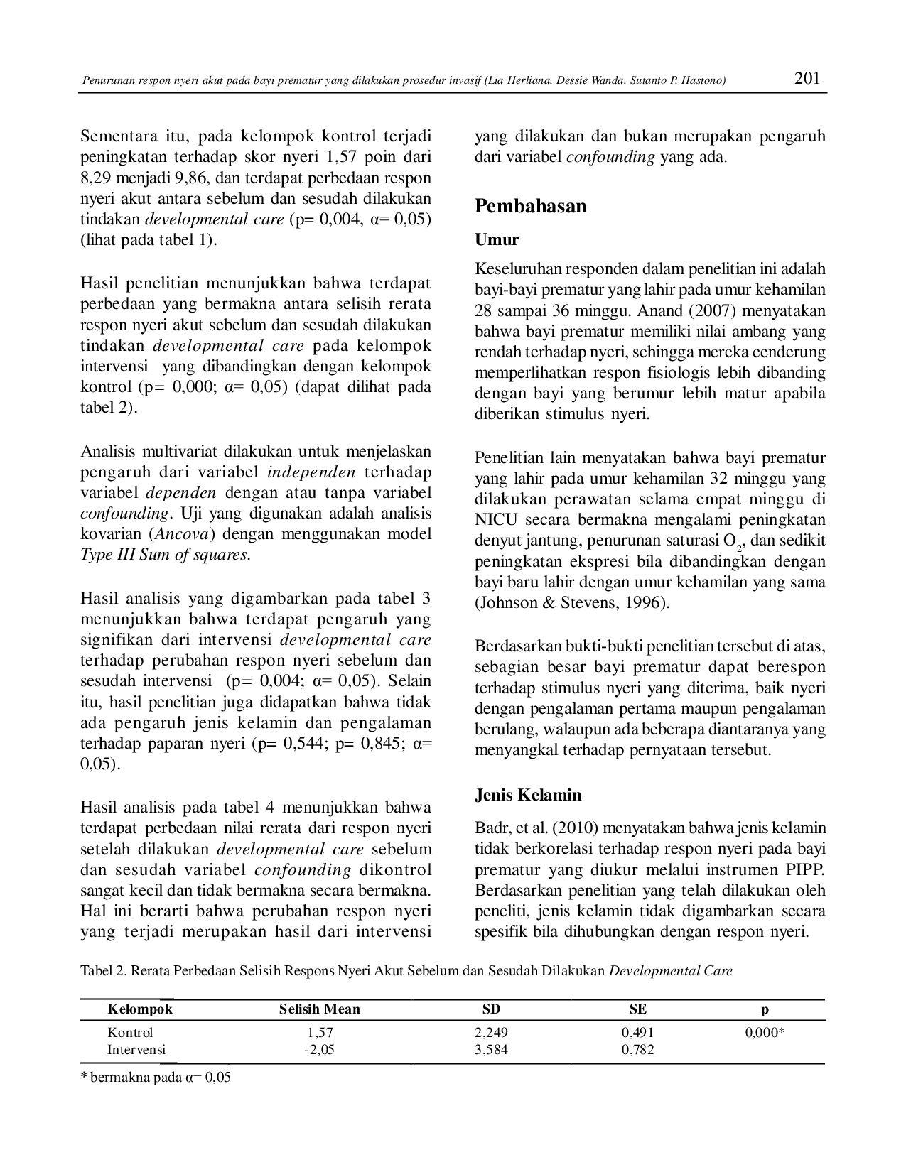 JURIS Penurunan Respon Nyeri Akut pada Bayi Prematur yang Dilakukan Prosedur Invasif Melalui Developmental Care