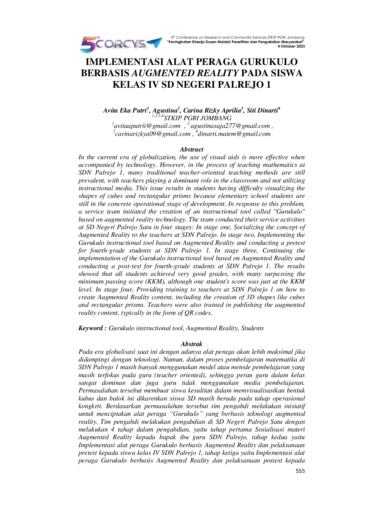 JURIS Implementasi Alat Peraga Gurukulo Berbasis Augmented Reality Pada Siswa Kelas IV SD Negeri Palrejo 1