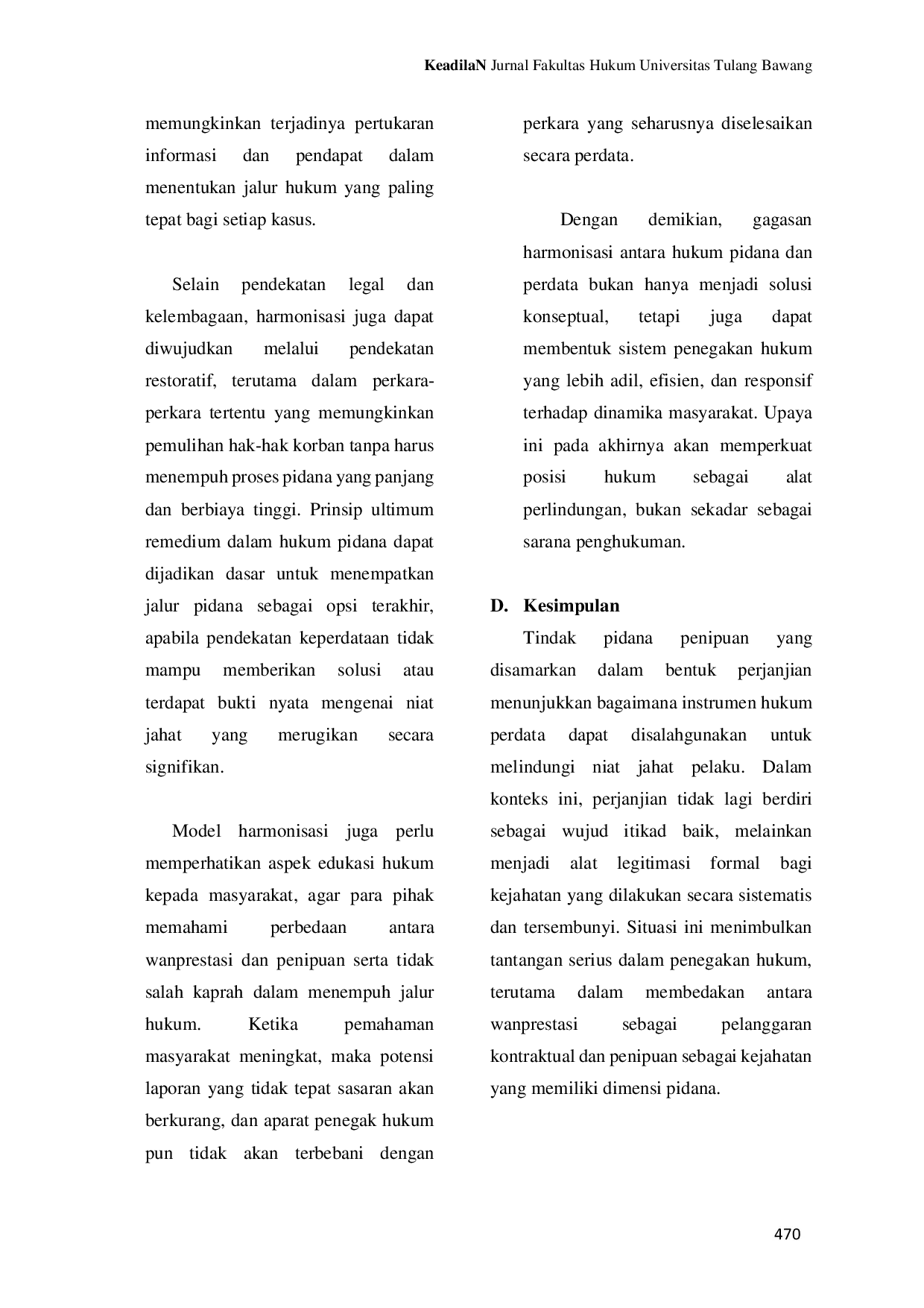 JURIS Harmonisasi Hukum Pidana Dan Perdata Dalam Penyelesaian Tindak Pidana Penipuan Berkedok Perjanjian