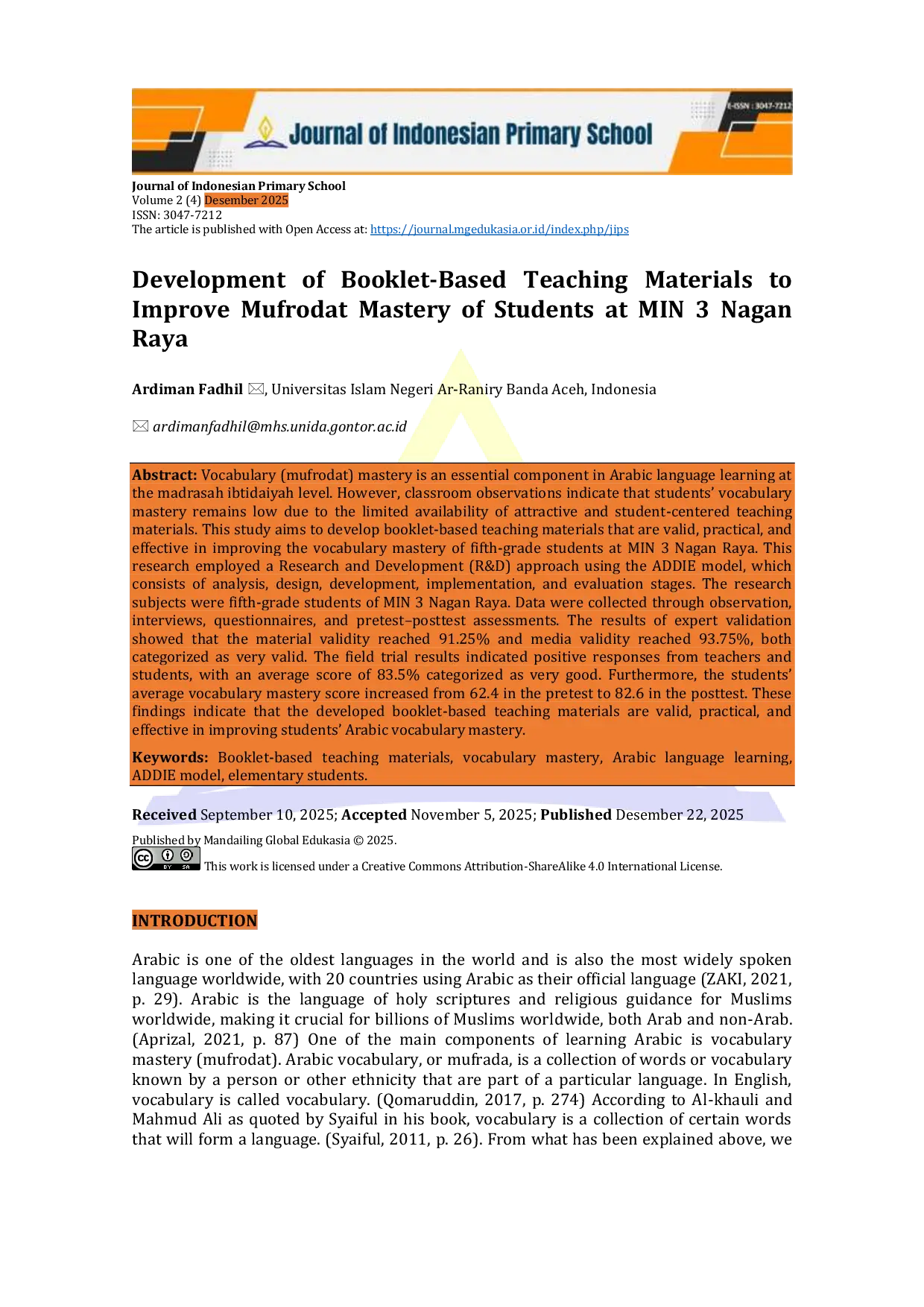 JURIS Development of Booklet Based Teaching Materials to Improve Mufrodat Mastery of Students at MIN 3 Nagan Raya