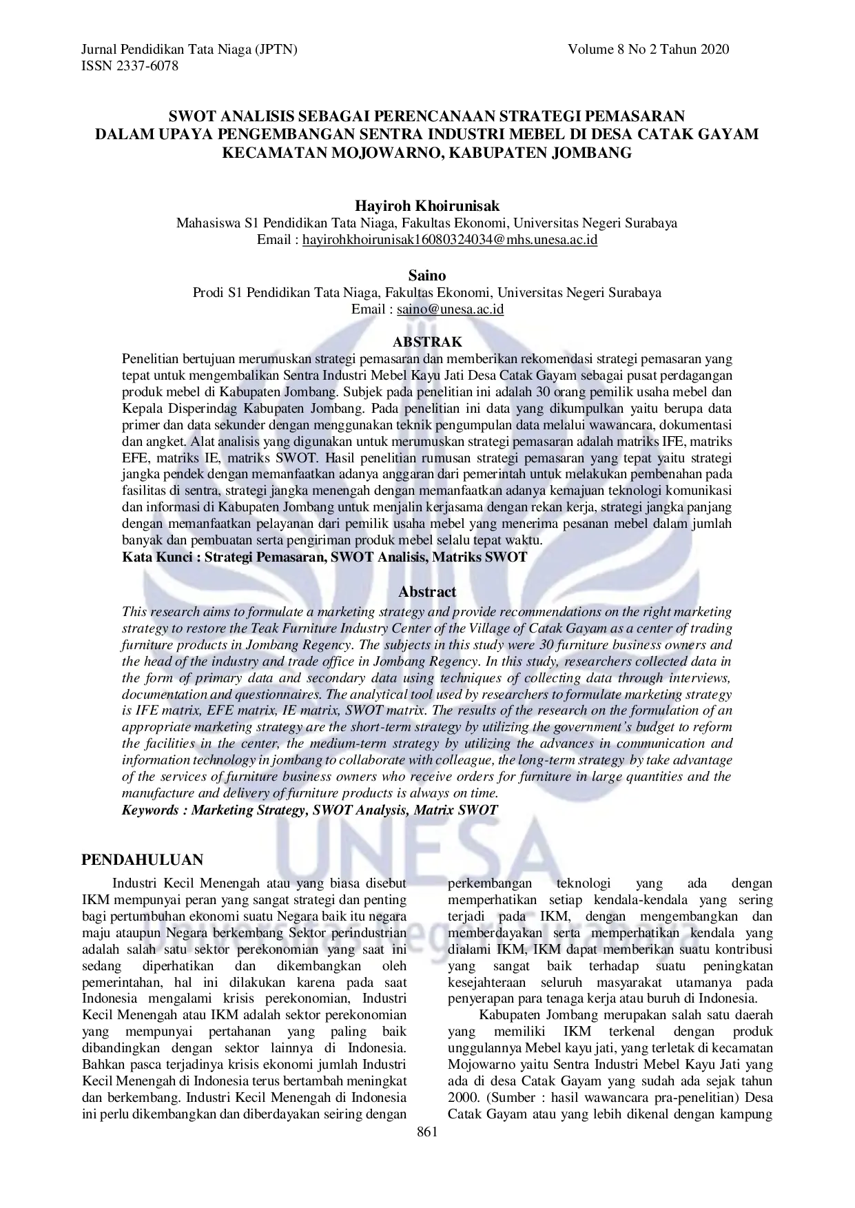 JURIS Swot Analisis Sebagai Perencanaan Strategi Pemasaran Dalam Upaya Pengembangan Sentra Industri Mebel Di Desa Catak Gayam Kecamatan Mojowarno Kabupaten Jombang