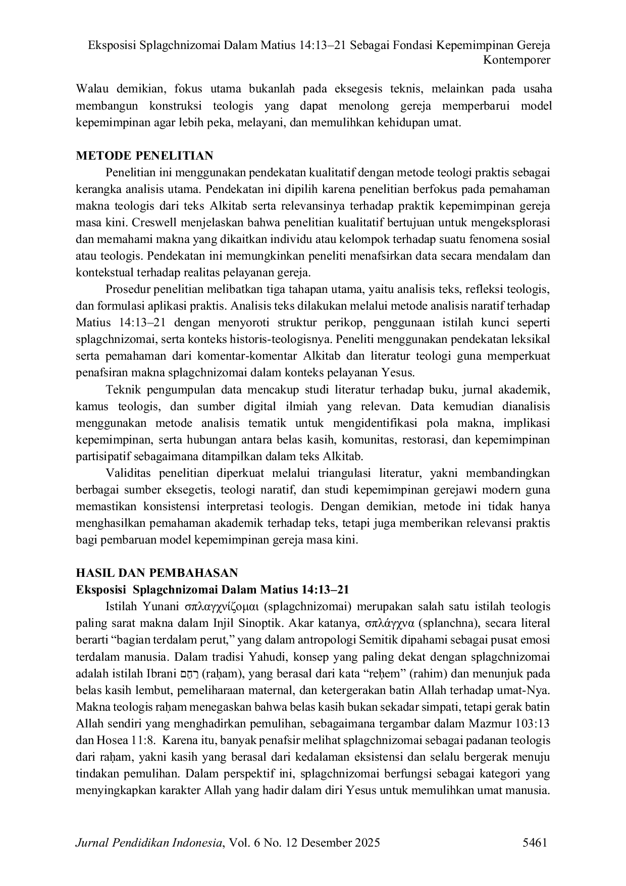 JURIS Eksposisi Splagchnizomai Dalam Matius 14 13 21 Sebagai Fondasi Kepemimpinan Gereja Kontemporer
