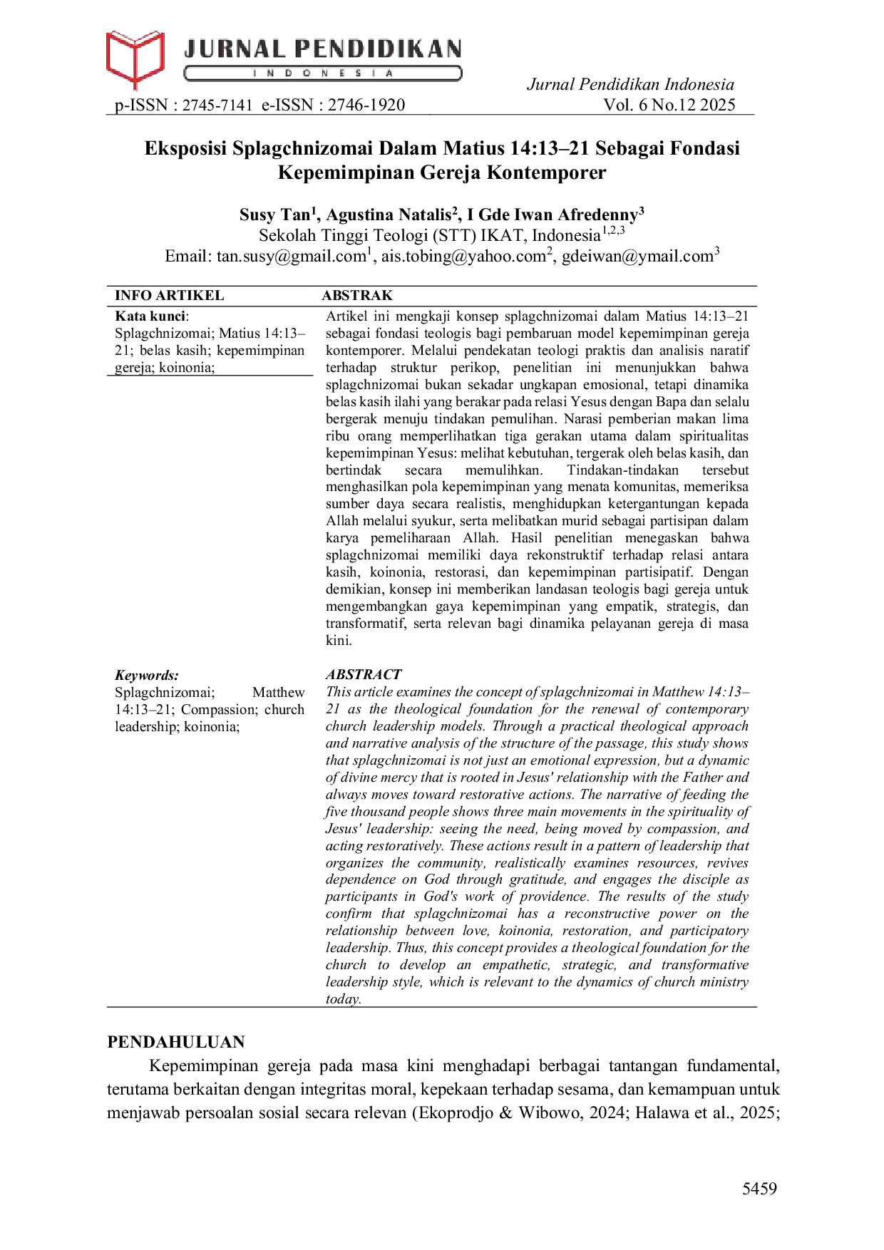 JURIS Eksposisi Splagchnizomai Dalam Matius 14 13 21 Sebagai Fondasi Kepemimpinan Gereja Kontemporer