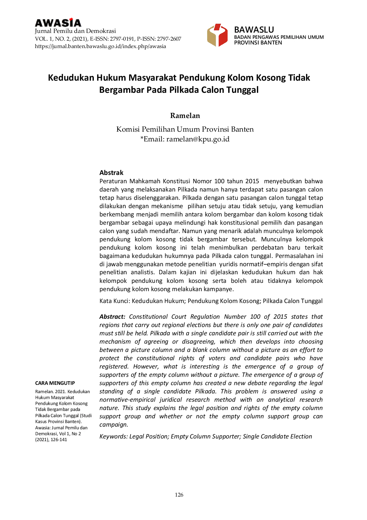 JURIS Kedudukan Hukum Masyarakat Pendukung Kolom Kosong Tidak Bergambar pada Pilkada Calon Tunggal