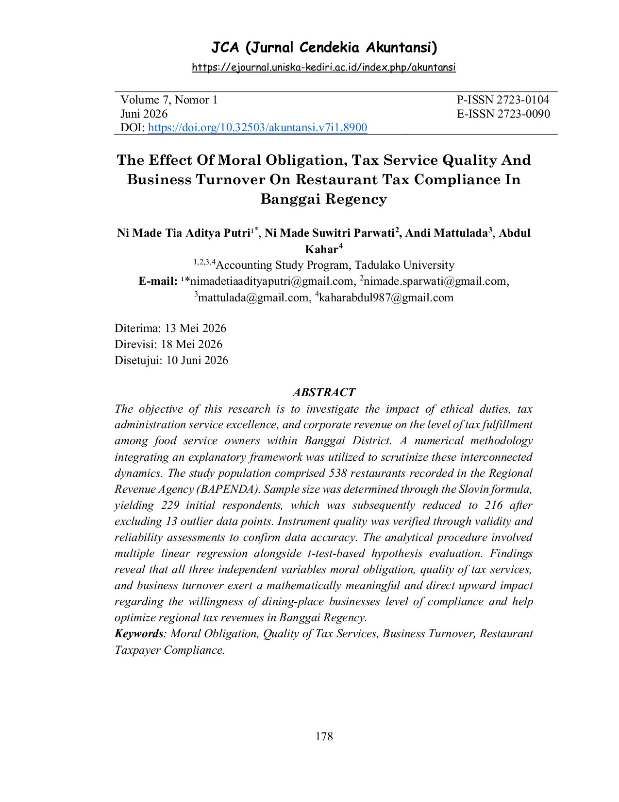 JURIS The Influence Of Moral Obligations Quality Of Tax Services And Business Turnover On Taxpayer Compliance