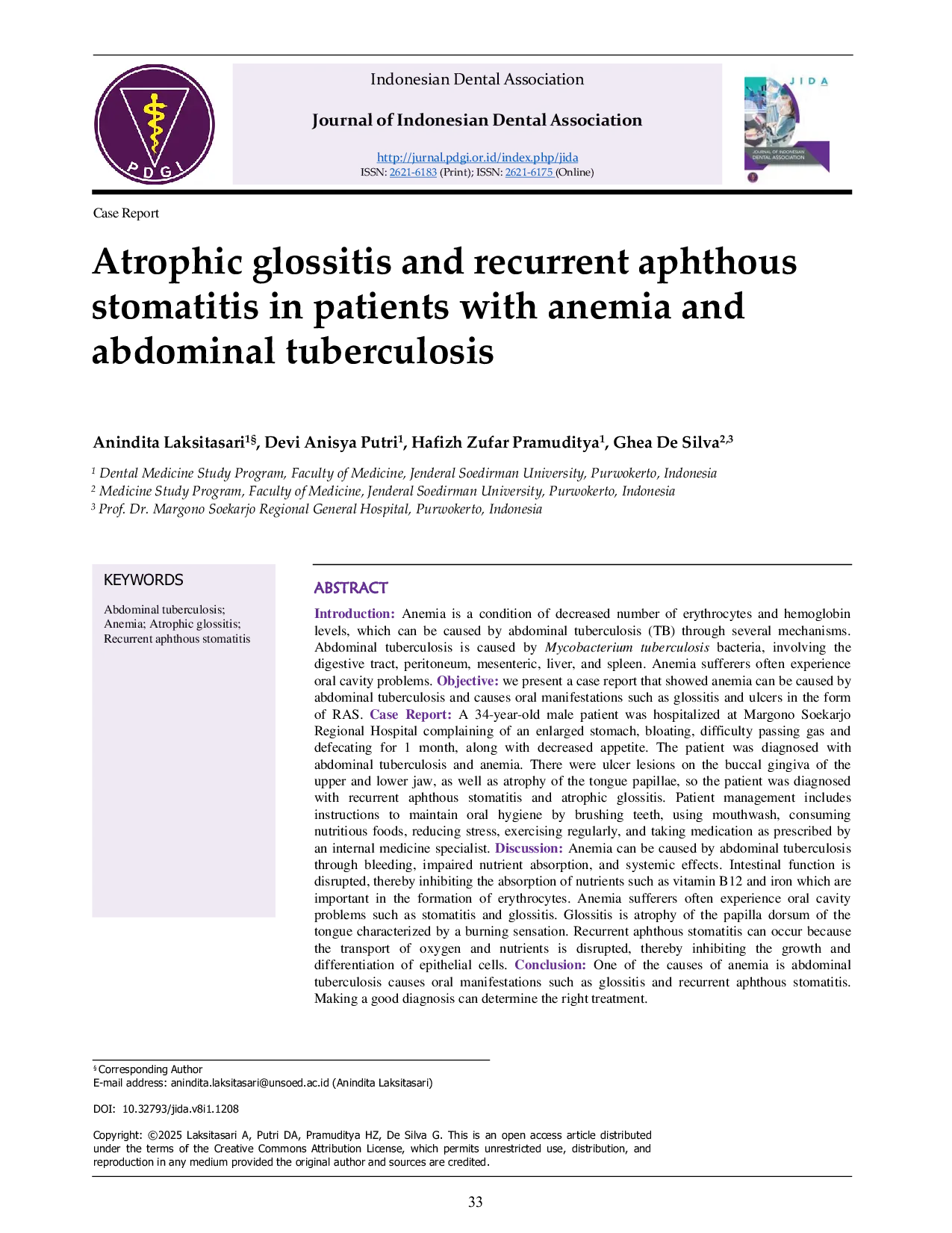 JURIS Atrophic glossitis and recurrent aphthous stomatitis in patients with anemia and abdominal tuberculosis