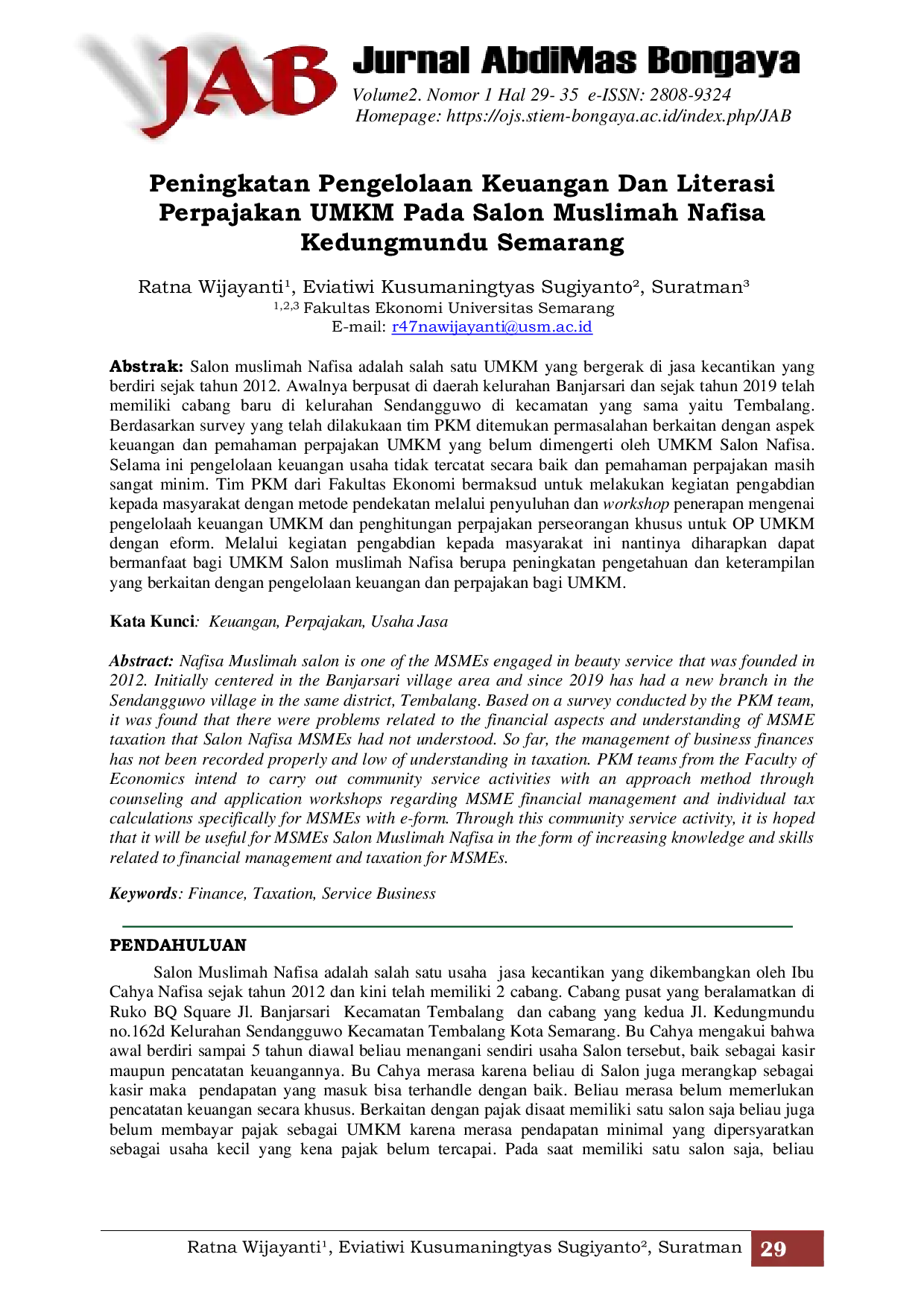 JURIS Peningkatan Pengelolaan Keuangan Dan Literasi Perpajakan UMKM Pada Salon Muslimah Nafisa Kedungmundu Semarang