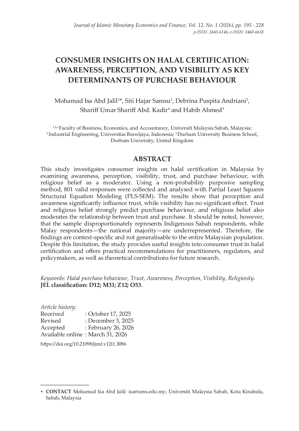 JURIS Consumer Insights on Halal Certification Awareness Perception and Visibility as Key Determinants of Purchase Behaviour