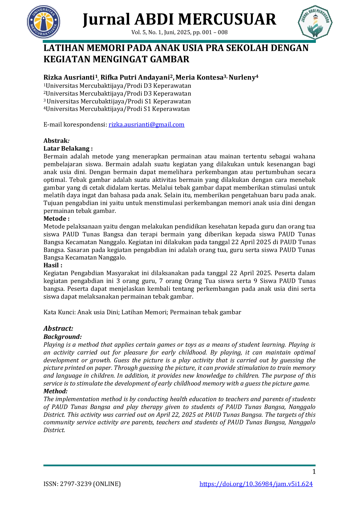 JURIS Latihan Memori pada Anak Usia Pra Sekolah dengan Kegiatan Mengingat Gambar
