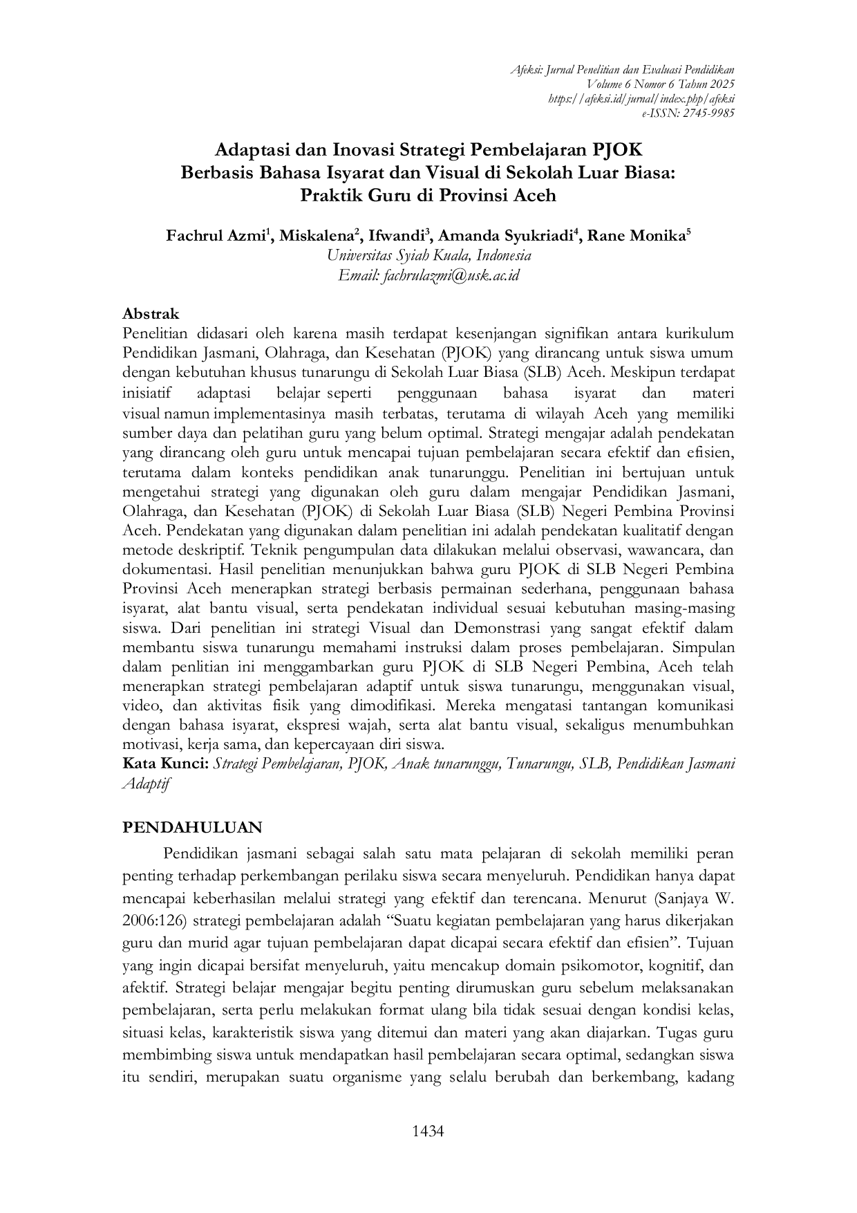 JURIS Adaptasi dan Inovasi Strategi Pembelajaran PJOK Berbasis Bahasa Isyarat dan Visual di Sekolah Luar Biasa Praktik Guru di Provinsi Aceh