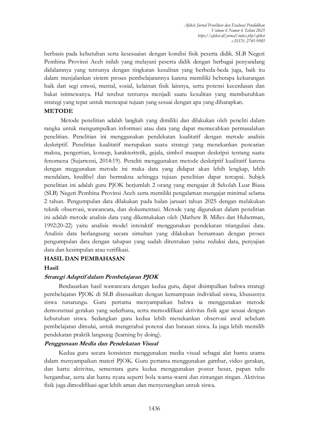 JURIS Adaptasi dan Inovasi Strategi Pembelajaran PJOK Berbasis Bahasa Isyarat dan Visual di Sekolah Luar Biasa Praktik Guru di Provinsi Aceh